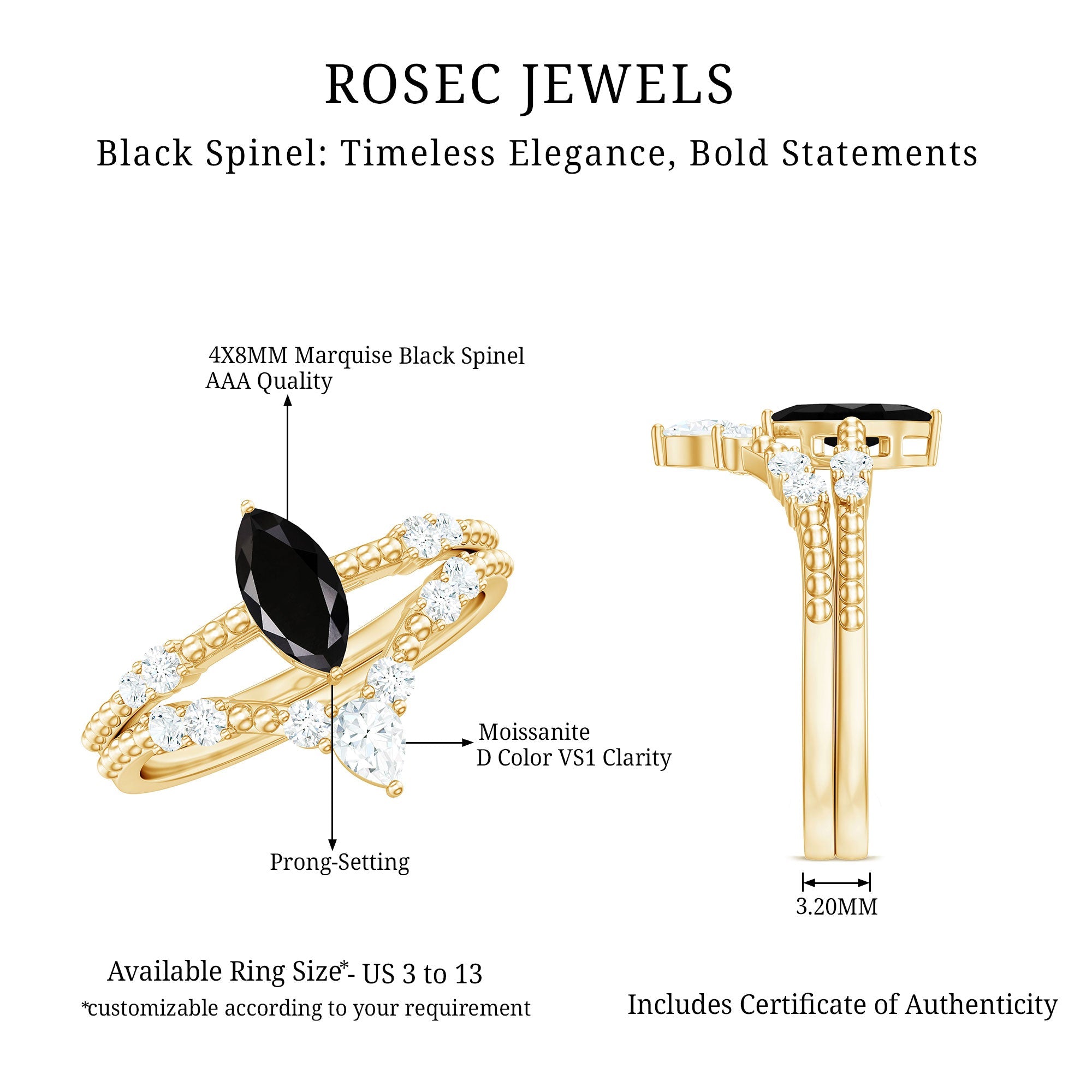 Natural Black Spinel Wedding Engagement Ring Set with Moissanite