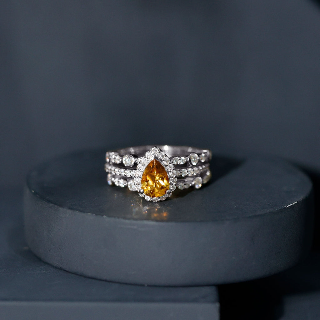 Pear Cut Citrine Bridal Trio Ring Set with Moissanite Band