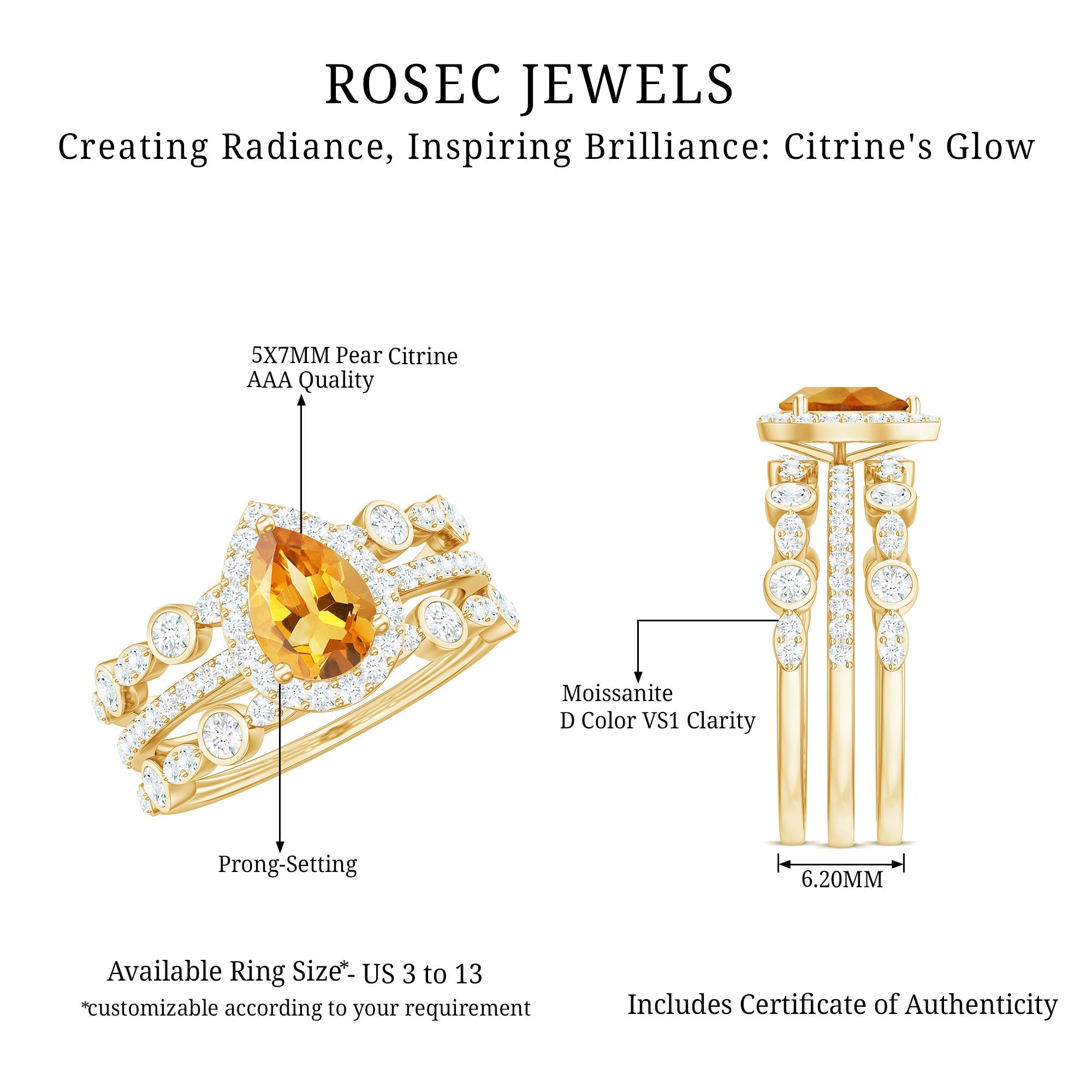 Pear Cut Citrine Bridal Trio Ring Set with Moissanite Band