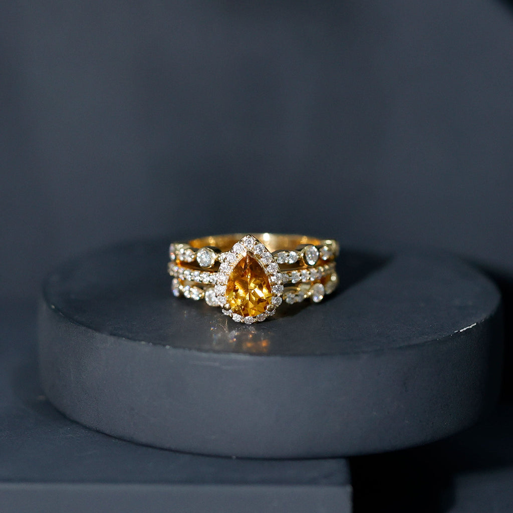 Pear Cut Citrine Bridal Trio Ring Set with Moissanite Band