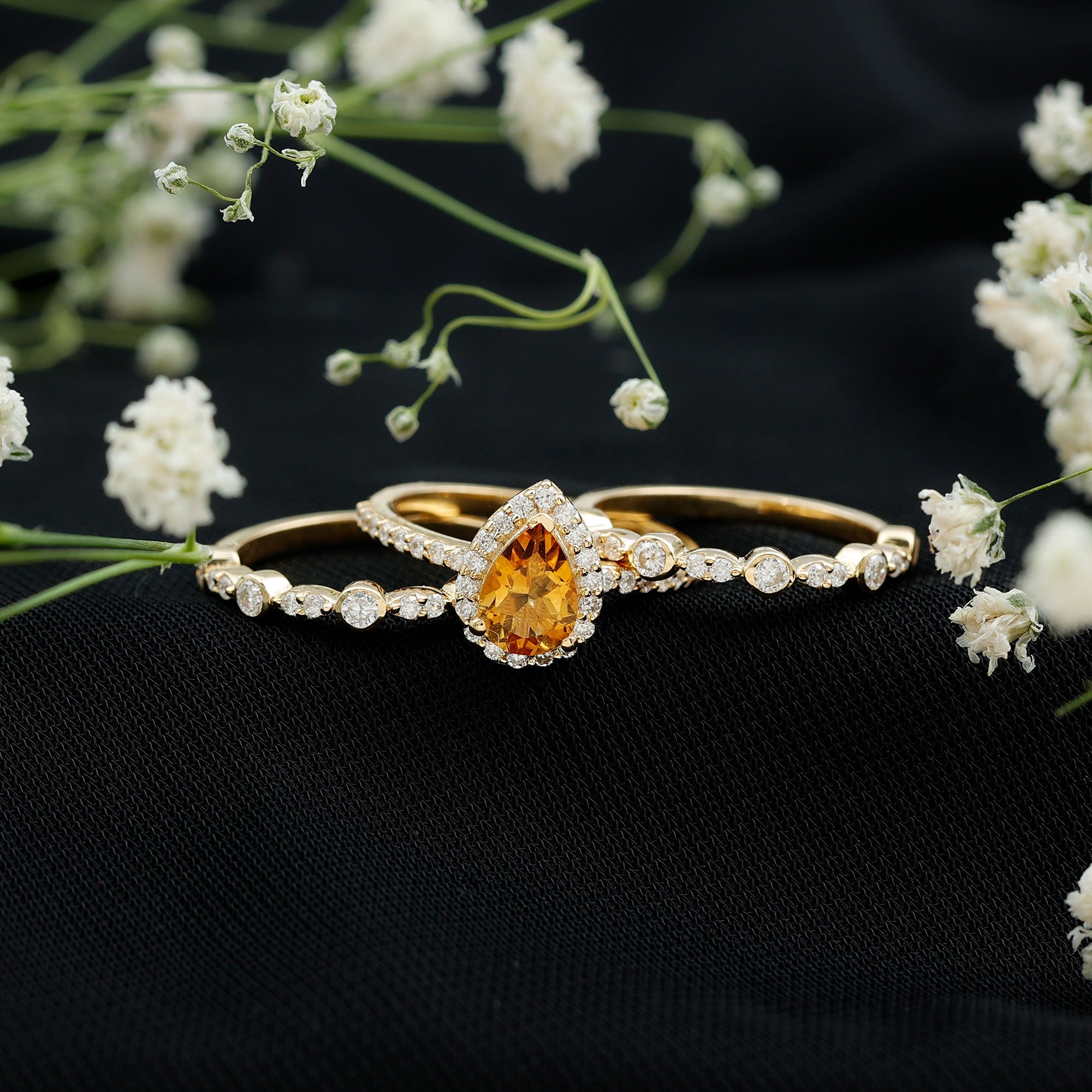 Pear Cut Citrine Bridal Trio Ring Set with Moissanite Band