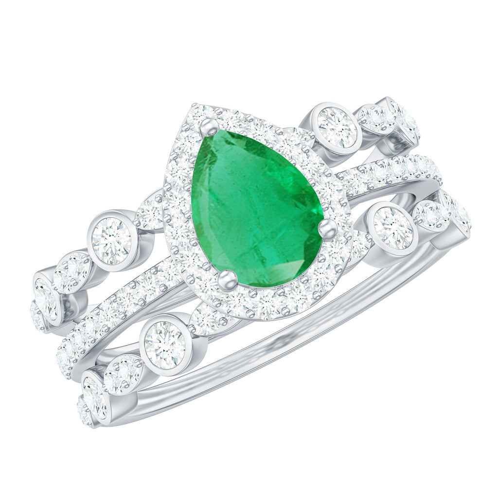 Natural 0.6 Carat Emerald Teardrop Engagement Ring and Wedding Band Set of 3