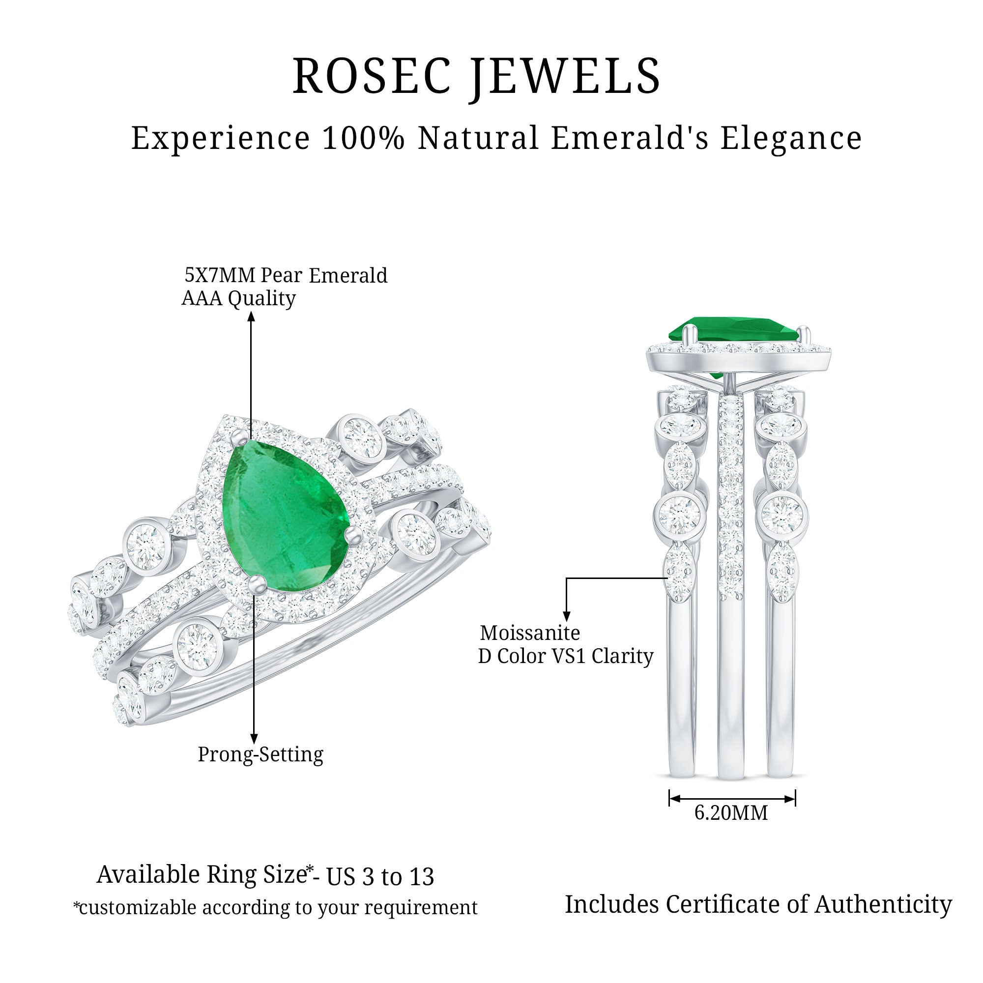 Natural 0.6 Carat Emerald Teardrop Engagement Ring and Wedding Band Set of 3