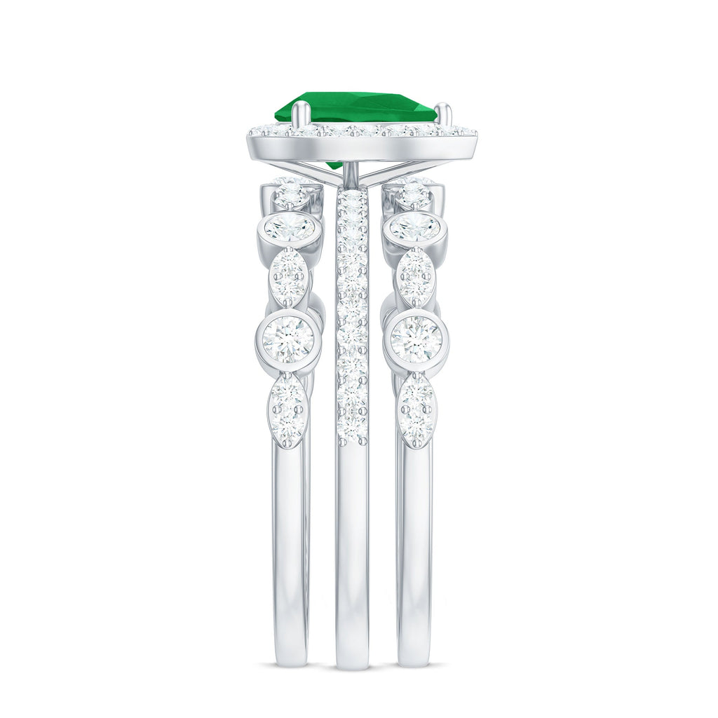 Natural 0.6 Carat Emerald Teardrop Engagement Ring and Wedding Band Set of 3