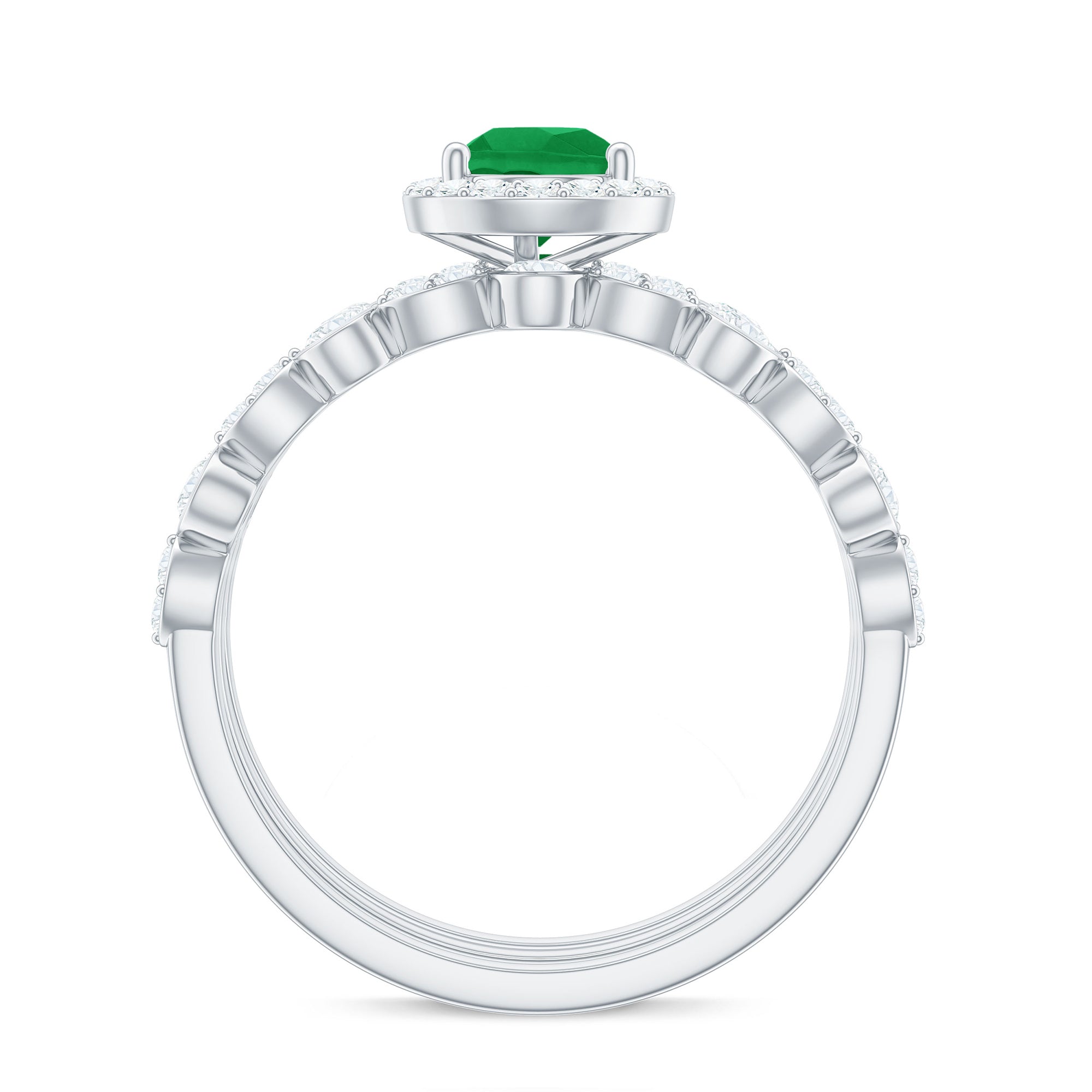 Natural 0.6 Carat Emerald Teardrop Engagement Ring and Wedding Band Set of 3