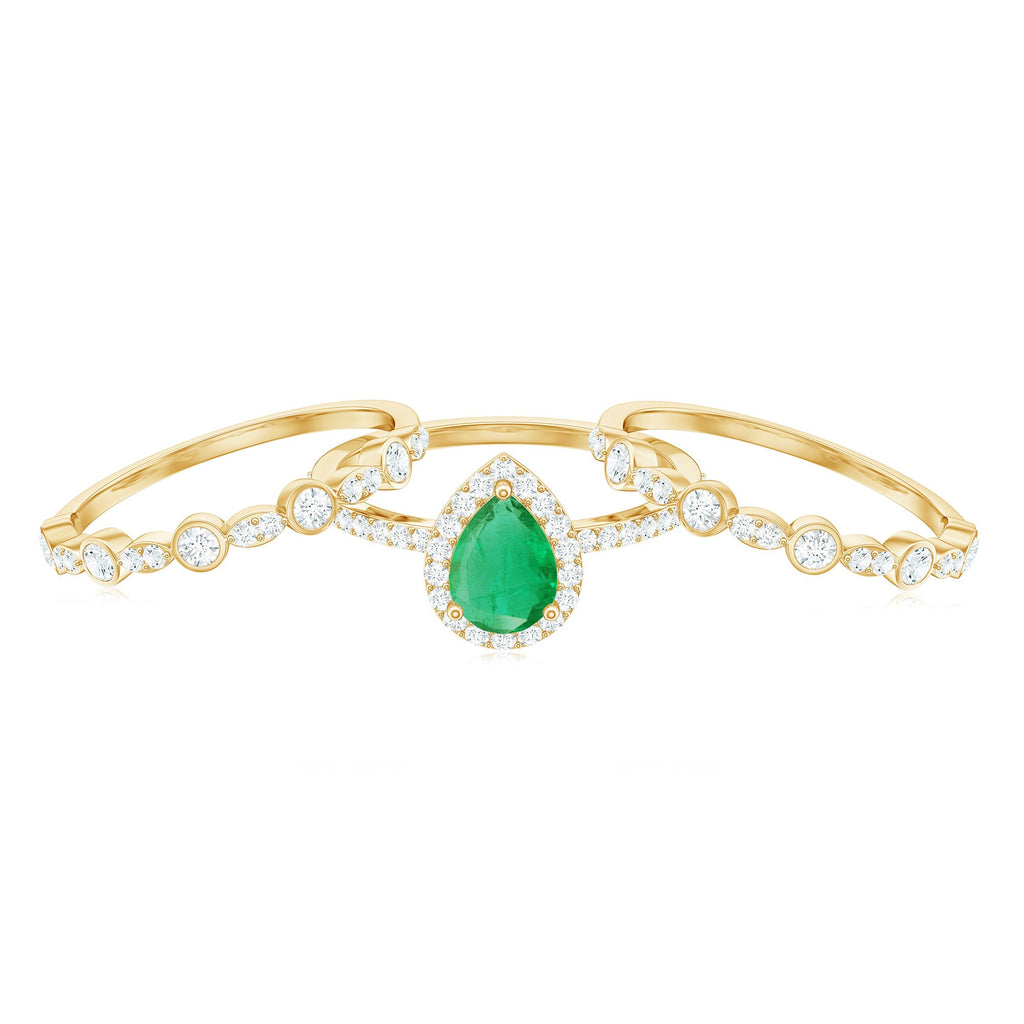 Natural 0.6 Carat Emerald Teardrop Engagement Ring and Wedding Band Set of 3