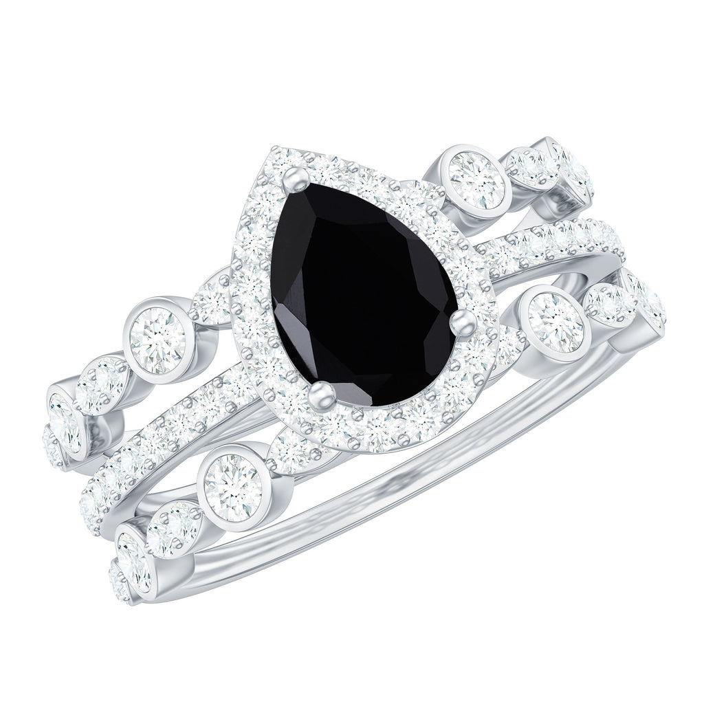 1 Carat Pear Cut Black Onyx Statement Ring Set with Moissanite Bands