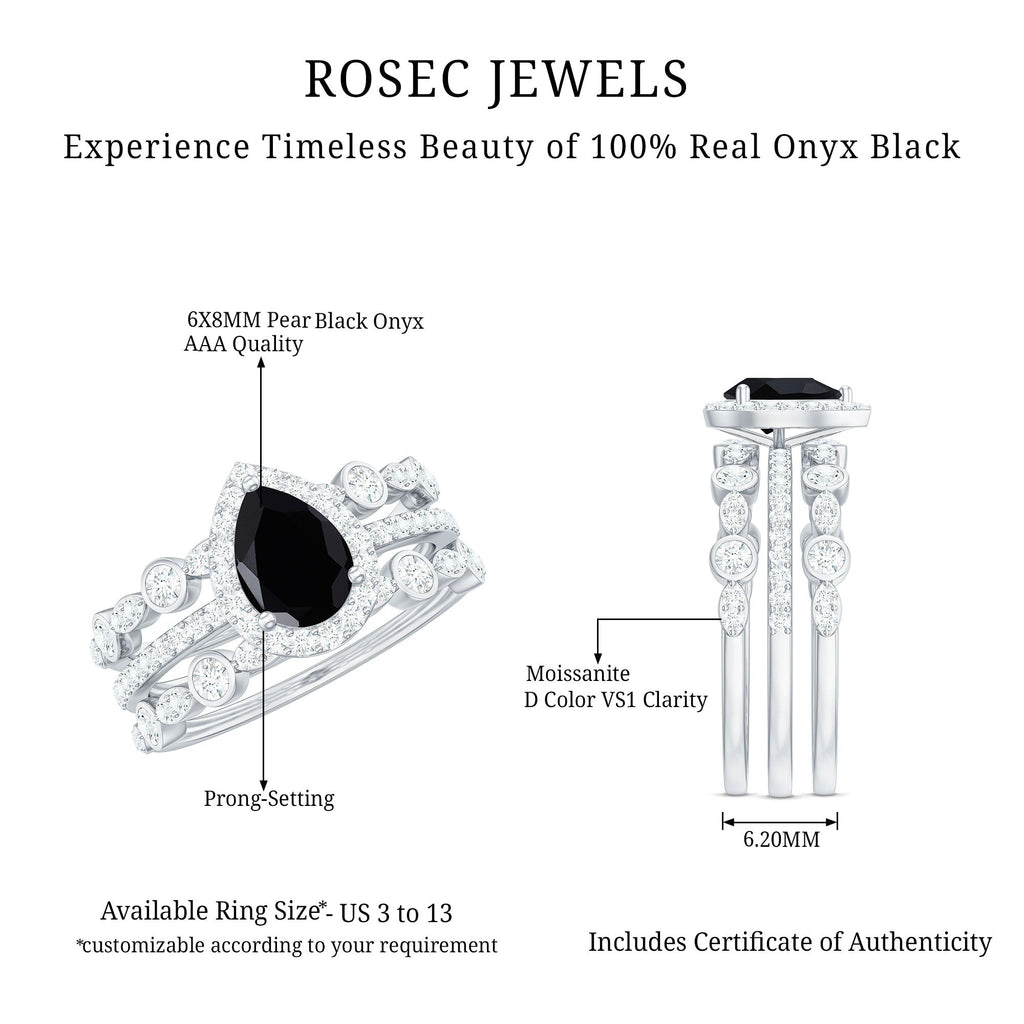 1 Carat Pear Cut Black Onyx Statement Ring Set with Moissanite Bands