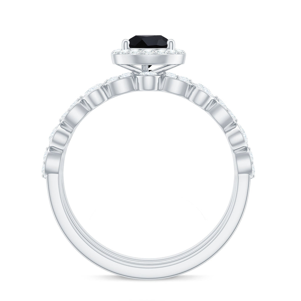 1 Carat Pear Cut Black Onyx Statement Ring Set with Moissanite Bands