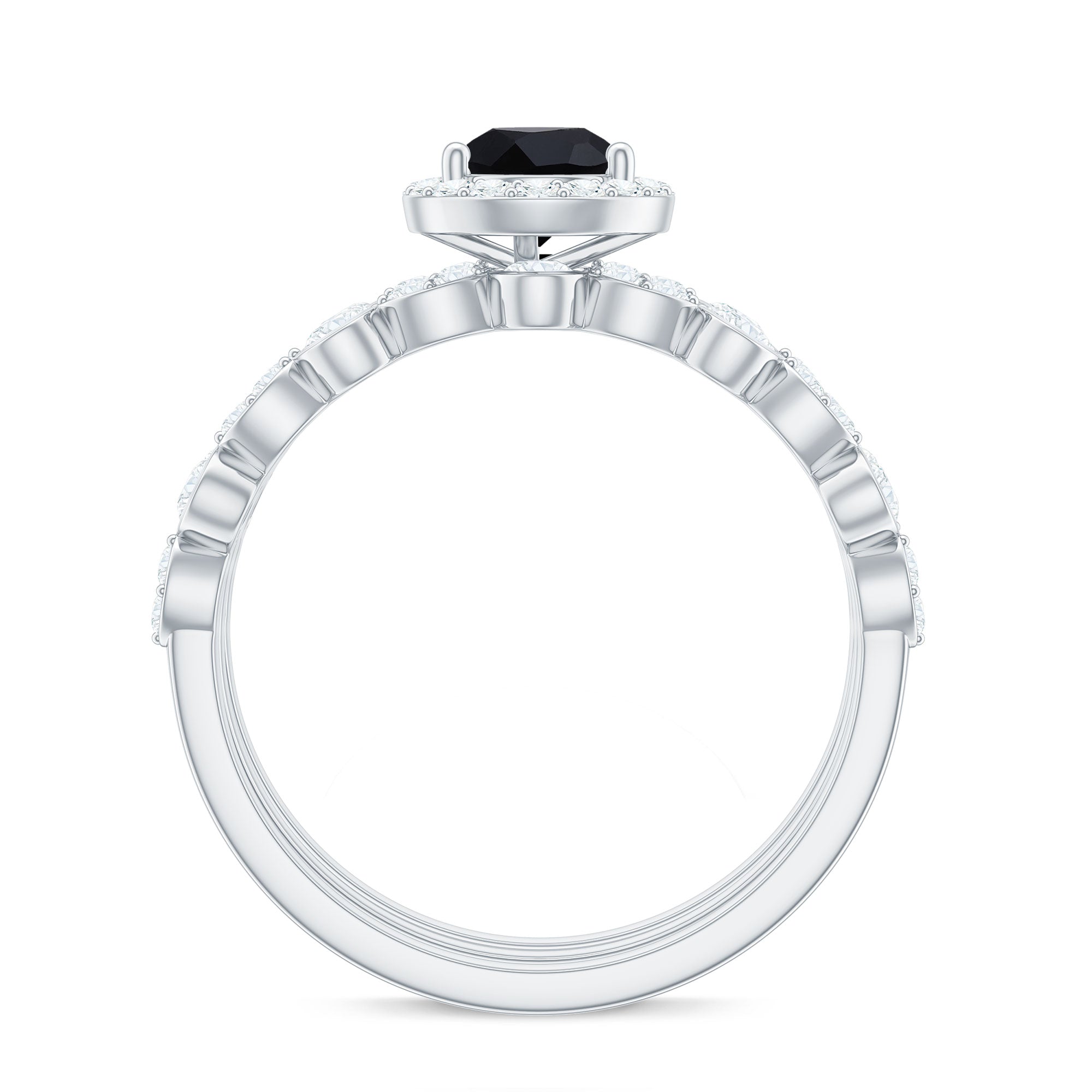 1 Carat Pear Cut Black Onyx Statement Ring Set with Moissanite Bands