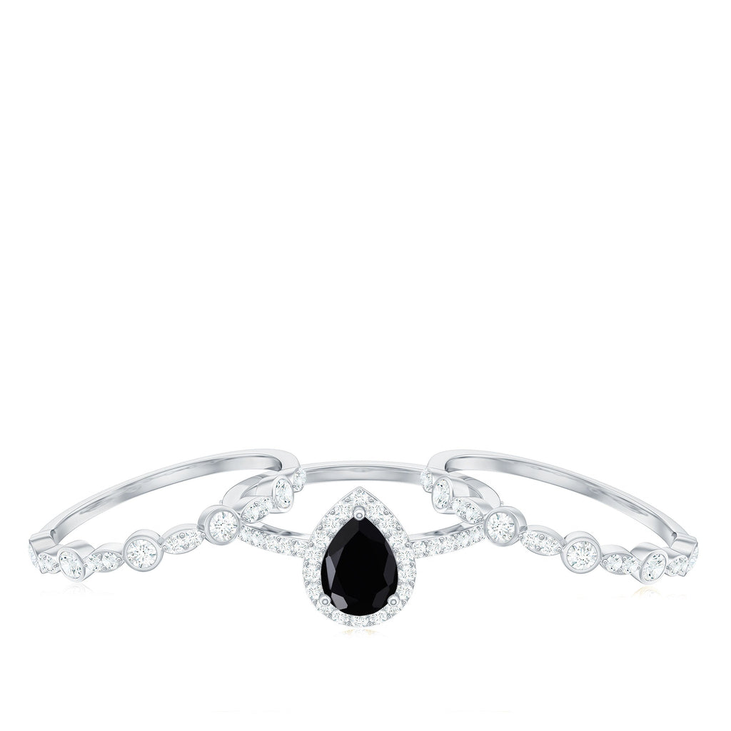 1 Carat Pear Cut Black Onyx Statement Ring Set with Moissanite Bands