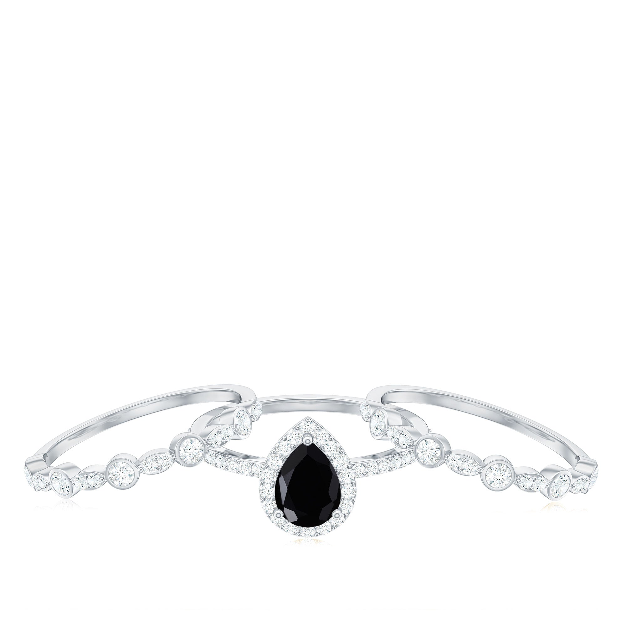 1 Carat Pear Cut Black Onyx Statement Ring Set with Moissanite Bands