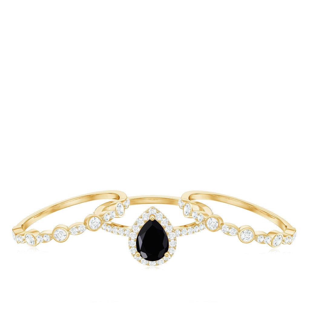 1 Carat Pear Cut Black Onyx Statement Ring Set with Moissanite Bands