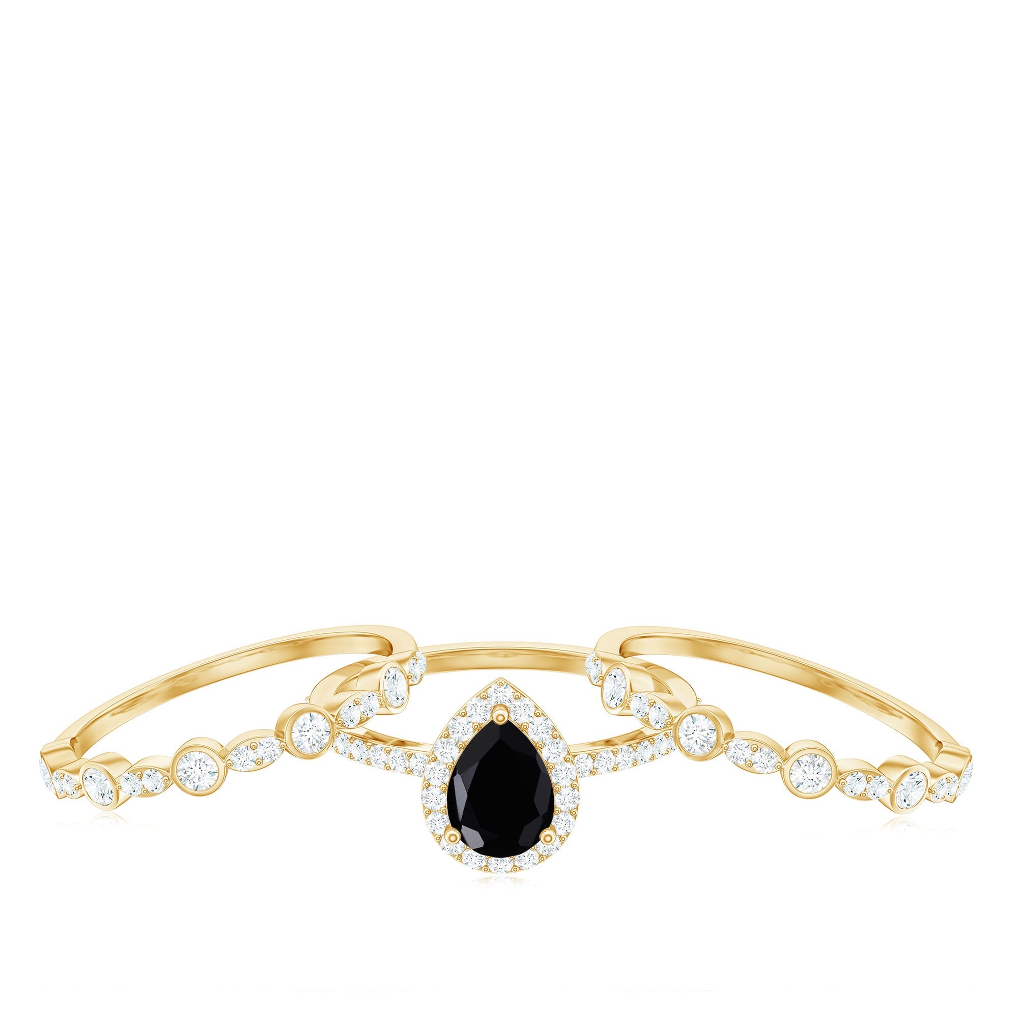 1 Carat Pear Cut Black Onyx Statement Ring Set with Moissanite Bands