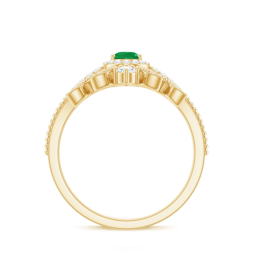 Vintage Looking Emerald Diamond Designer Engagement Wedding Ring Set