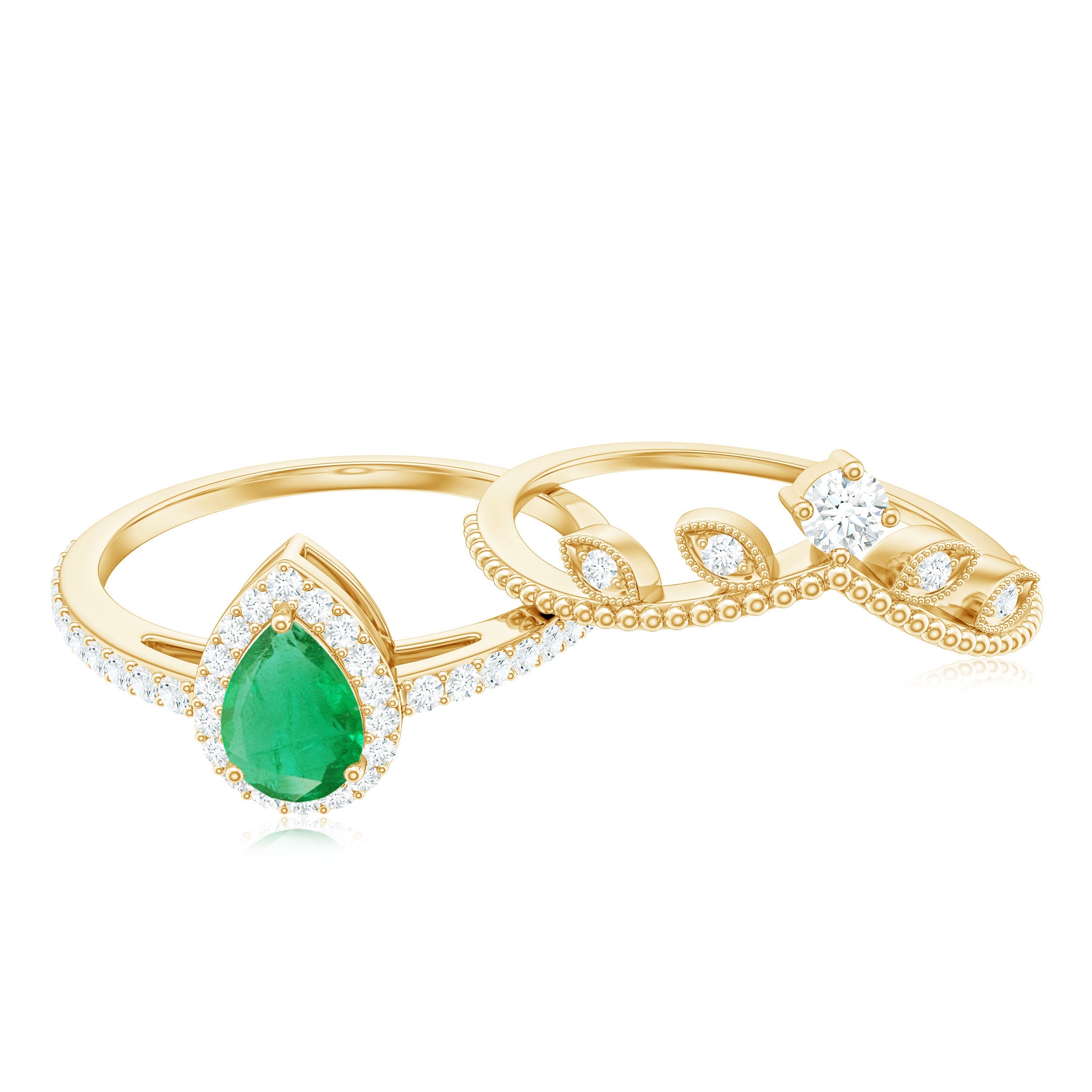 Vintage Looking Emerald Diamond Designer Engagement Wedding Ring Set