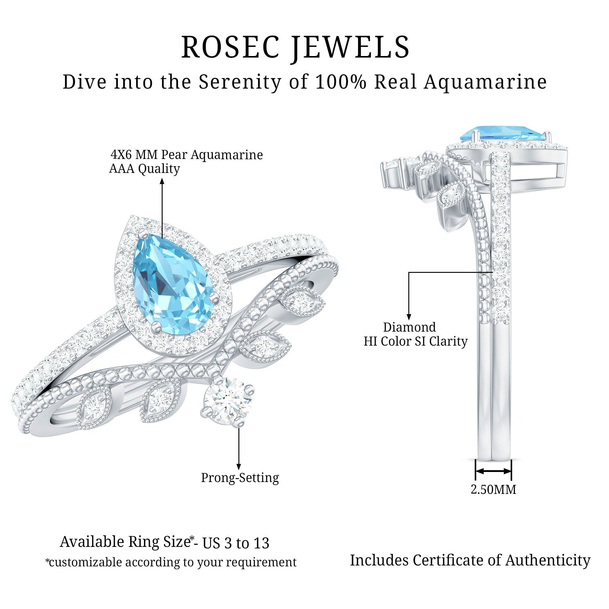 Vintage Looking Aquamarine and Diamond Teardrop Wedding Ring Set for Women