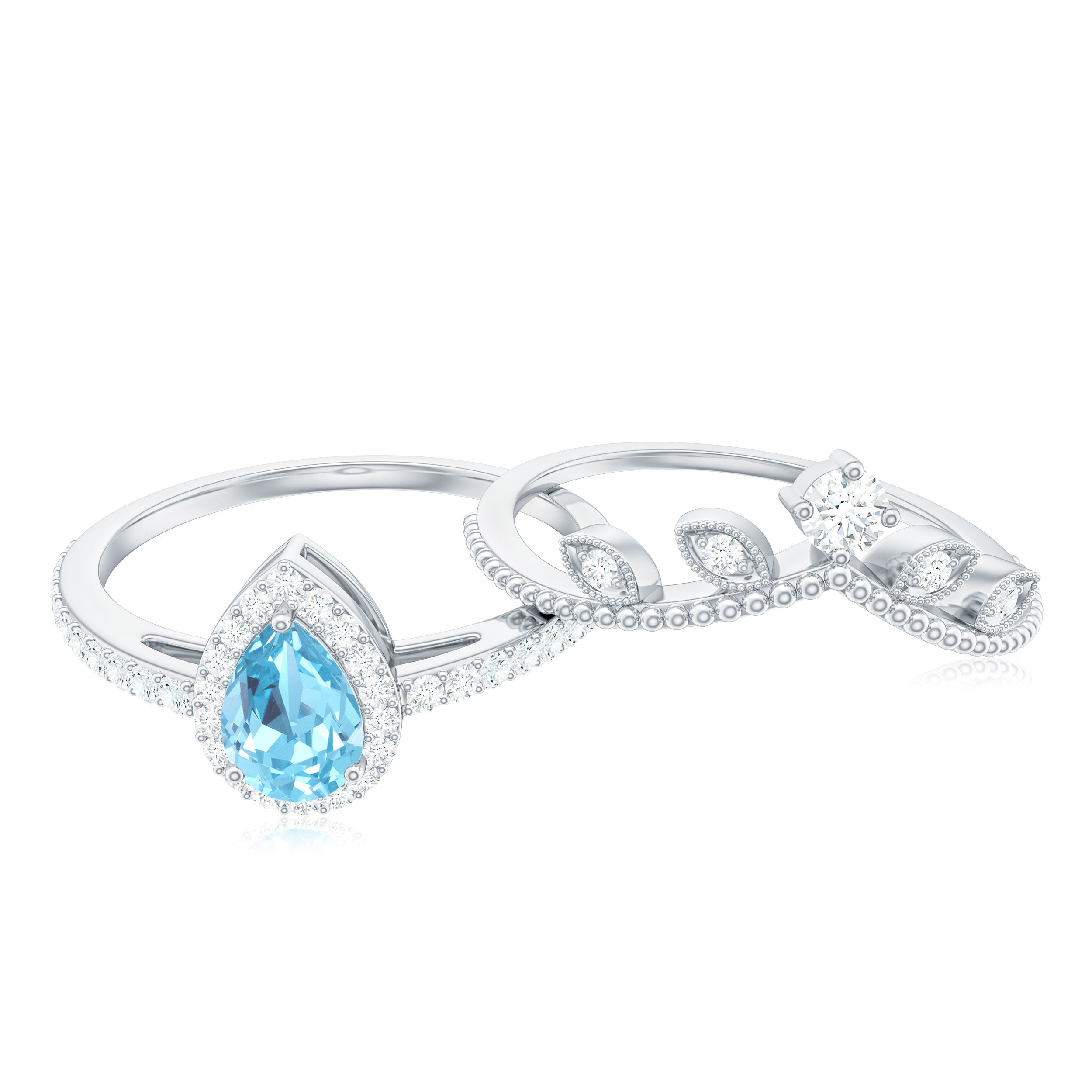 Vintage Looking Aquamarine and Diamond Teardrop Wedding Ring Set for Women