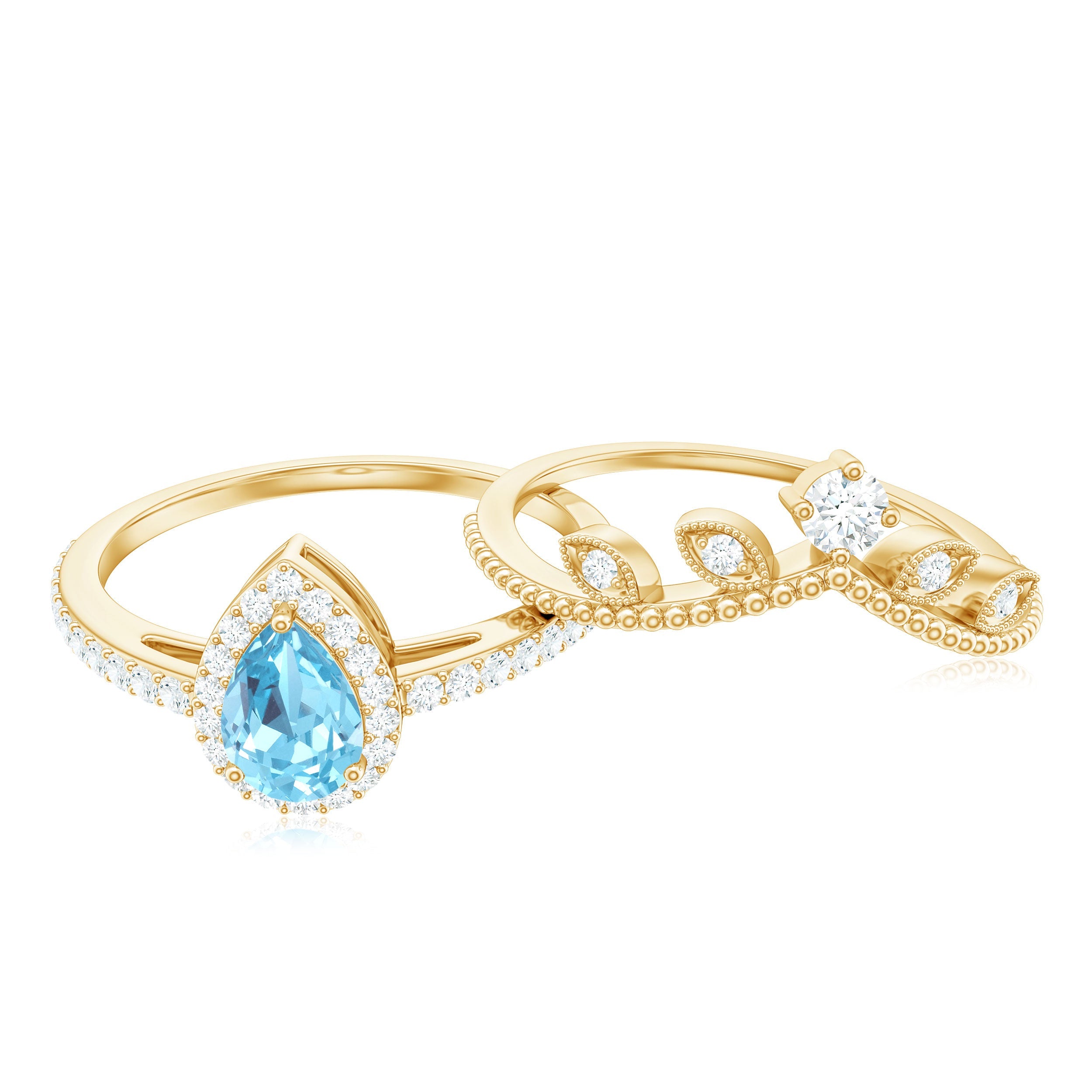 Vintage Looking Aquamarine and Diamond Teardrop Wedding Ring Set for Women