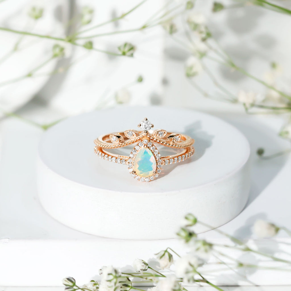 Vintage Inspired Ethiopian Opal Diamond Designer Bridal Ring Set
