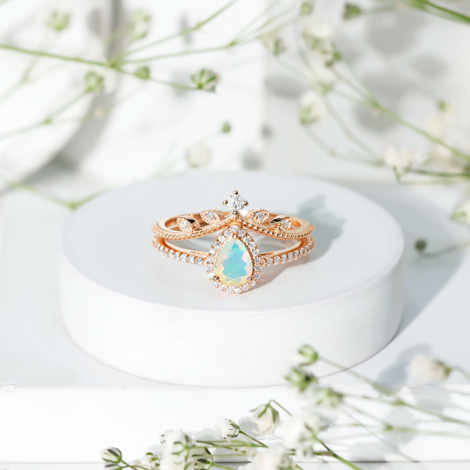 Vintage Inspired Ethiopian Opal Diamond Designer Bridal Ring Set