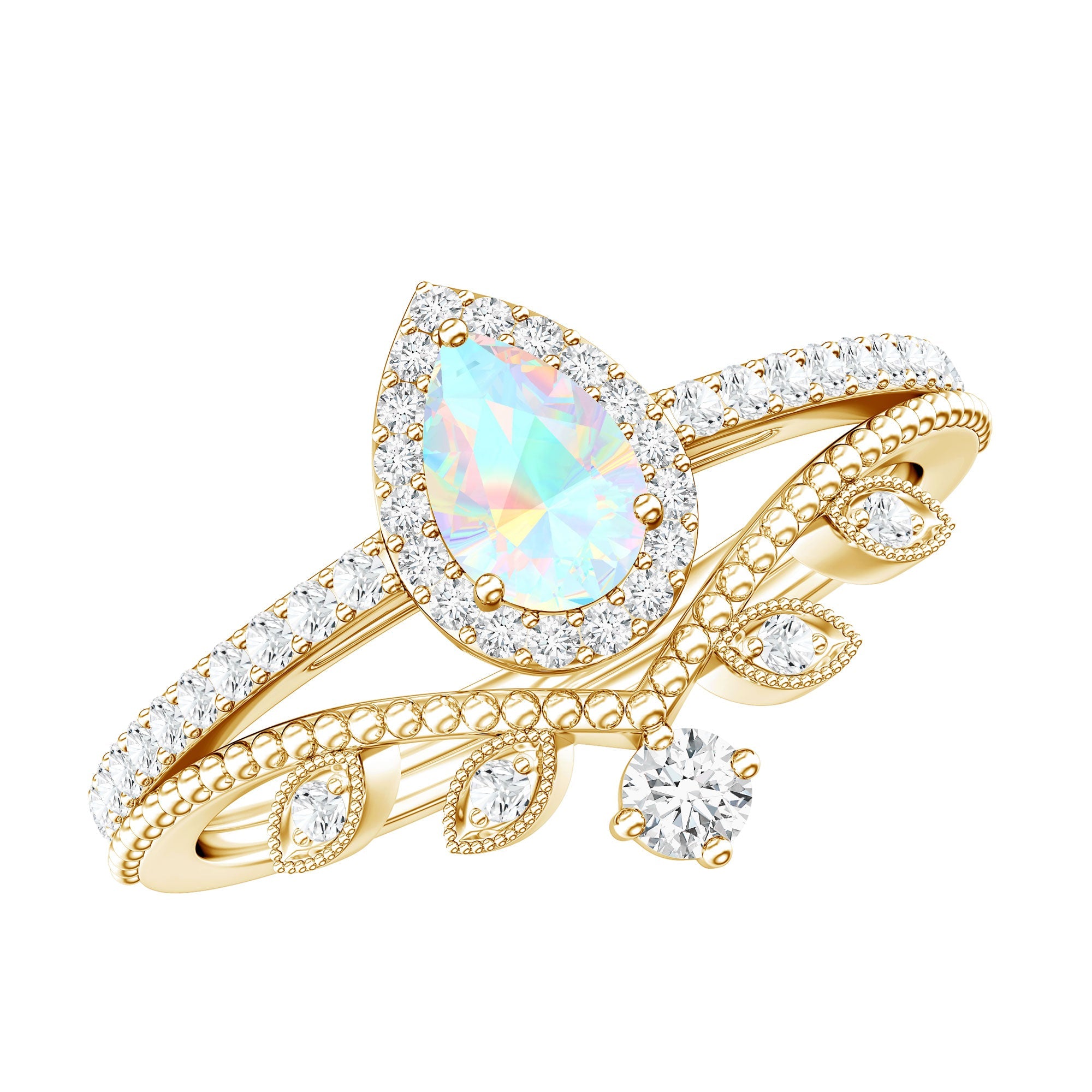 Vintage Inspired Ethiopian Opal Diamond Designer Bridal Ring Set