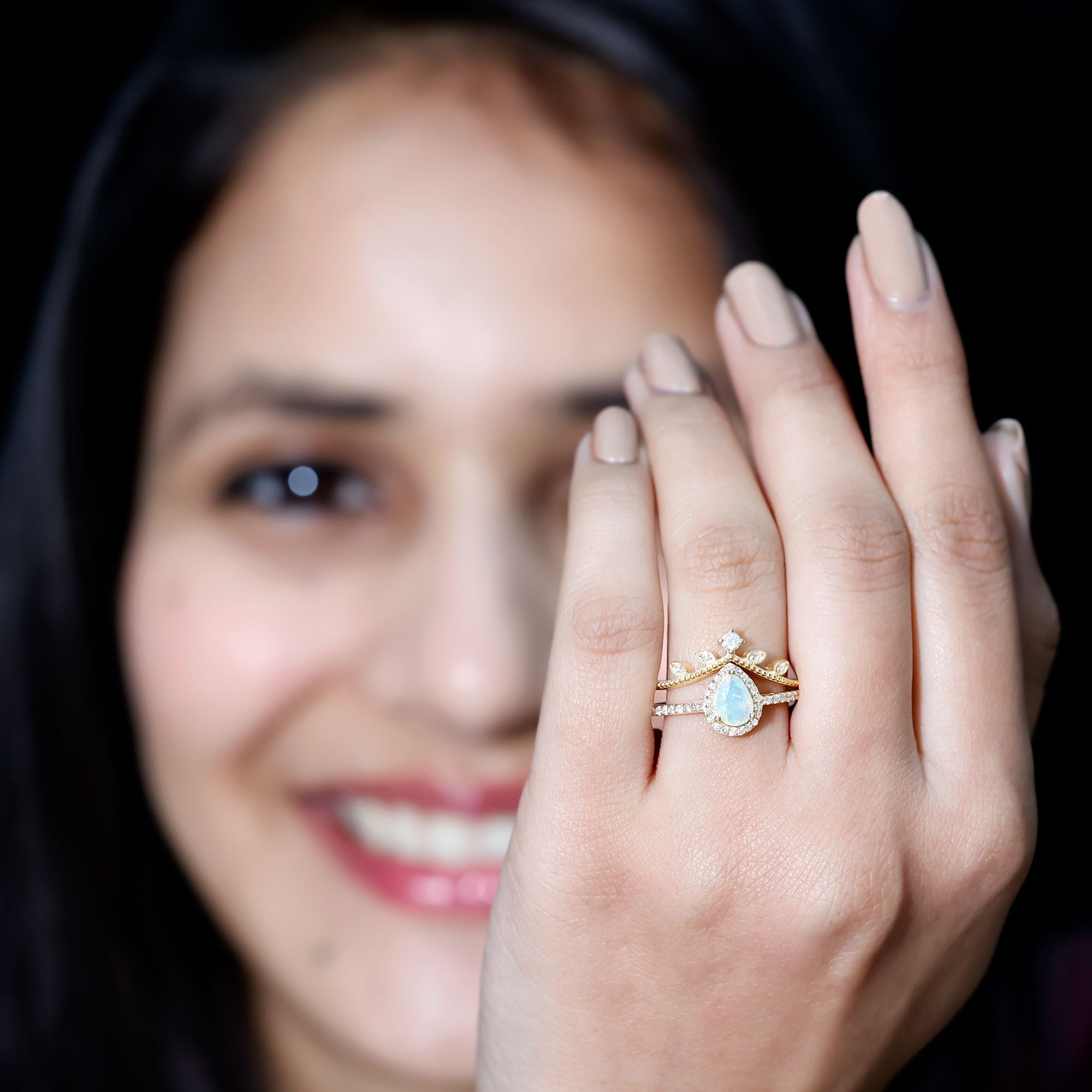 Vintage Inspired Ethiopian Opal Diamond Designer Bridal Ring Set