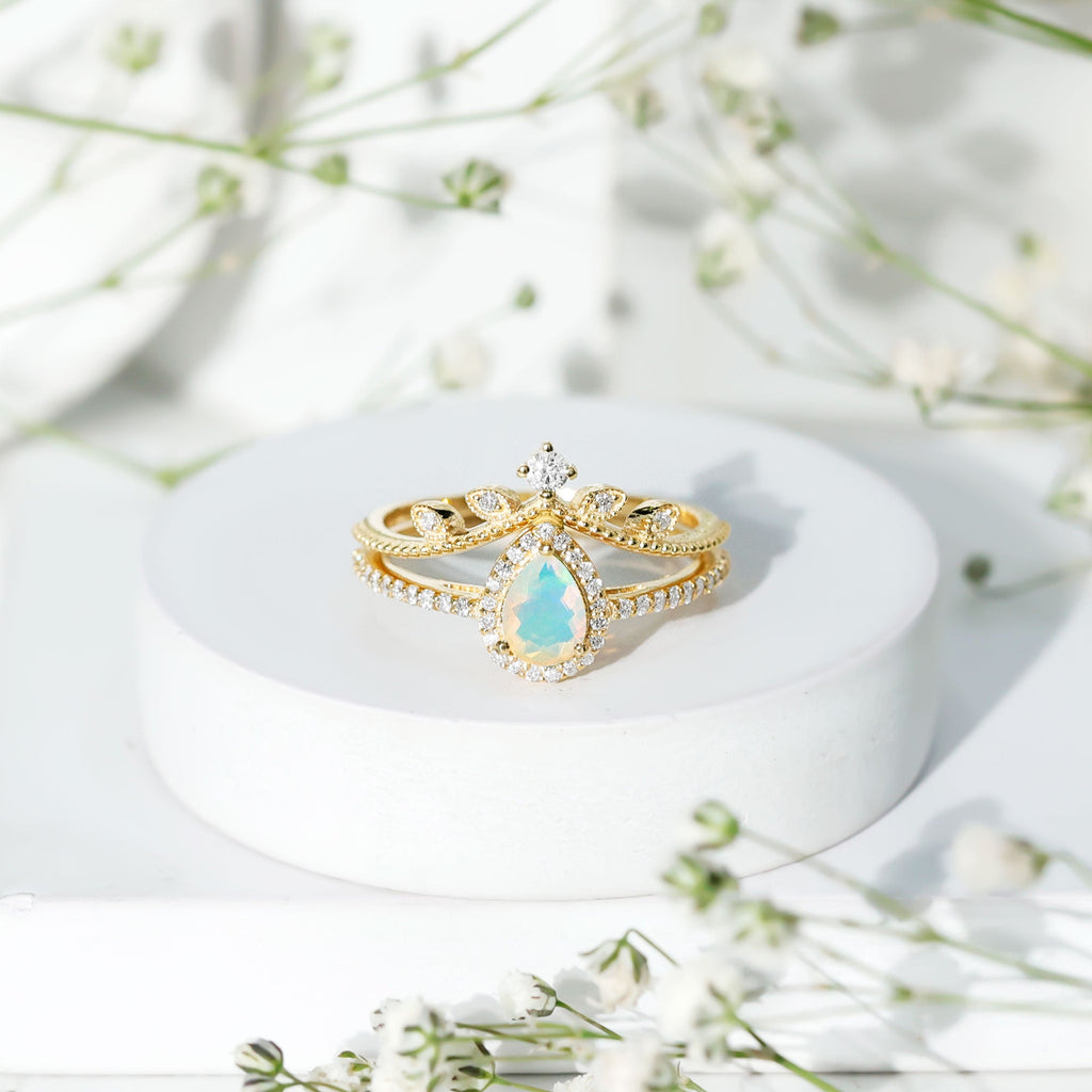 Vintage Inspired Ethiopian Opal Diamond Designer Bridal Ring Set