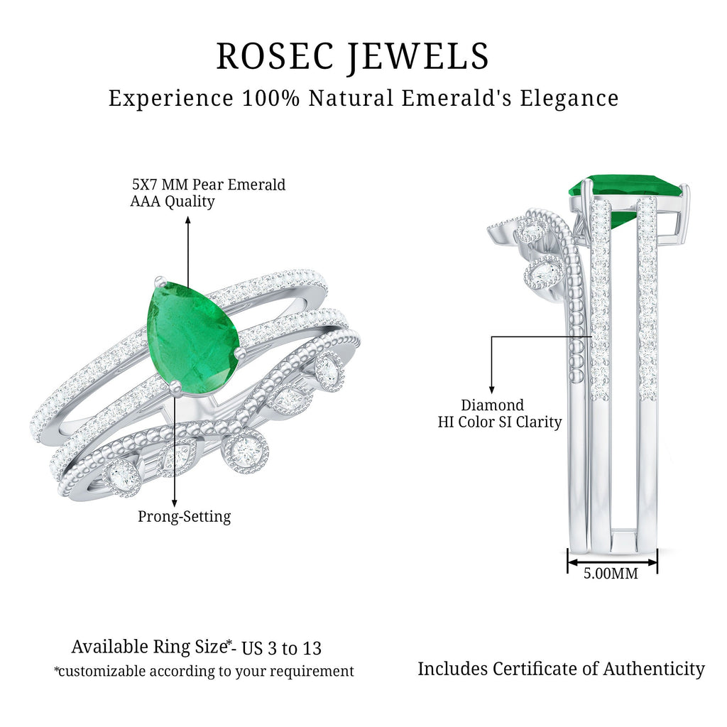 Vintage Style Emerald Diamond Wedding Bridal Ring Set