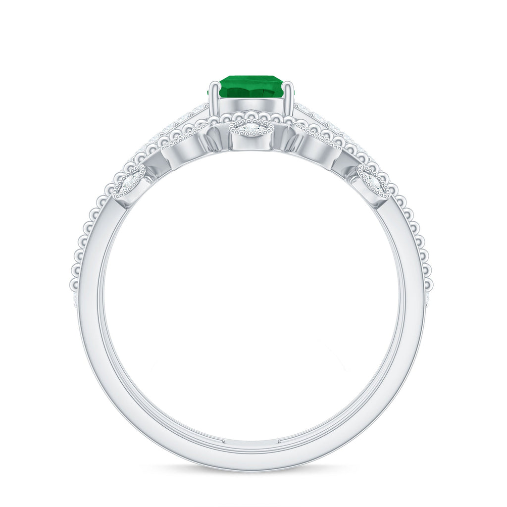 Vintage Style Emerald Diamond Wedding Bridal Ring Set