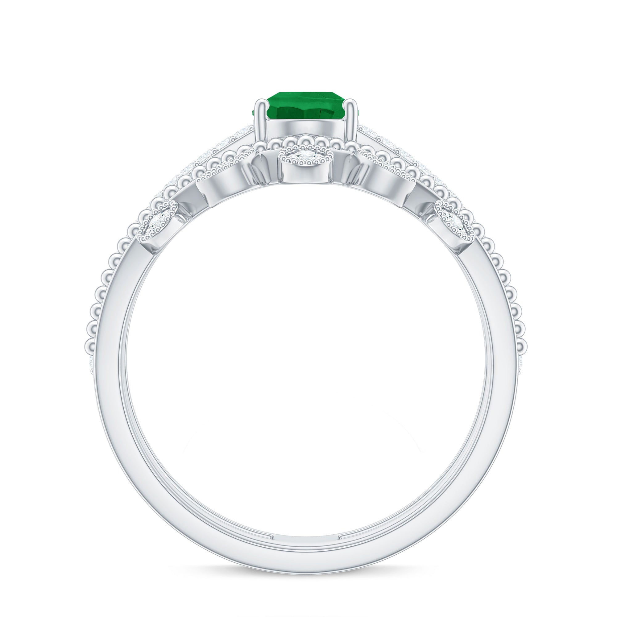 Vintage Style Emerald Diamond Wedding Bridal Ring Set