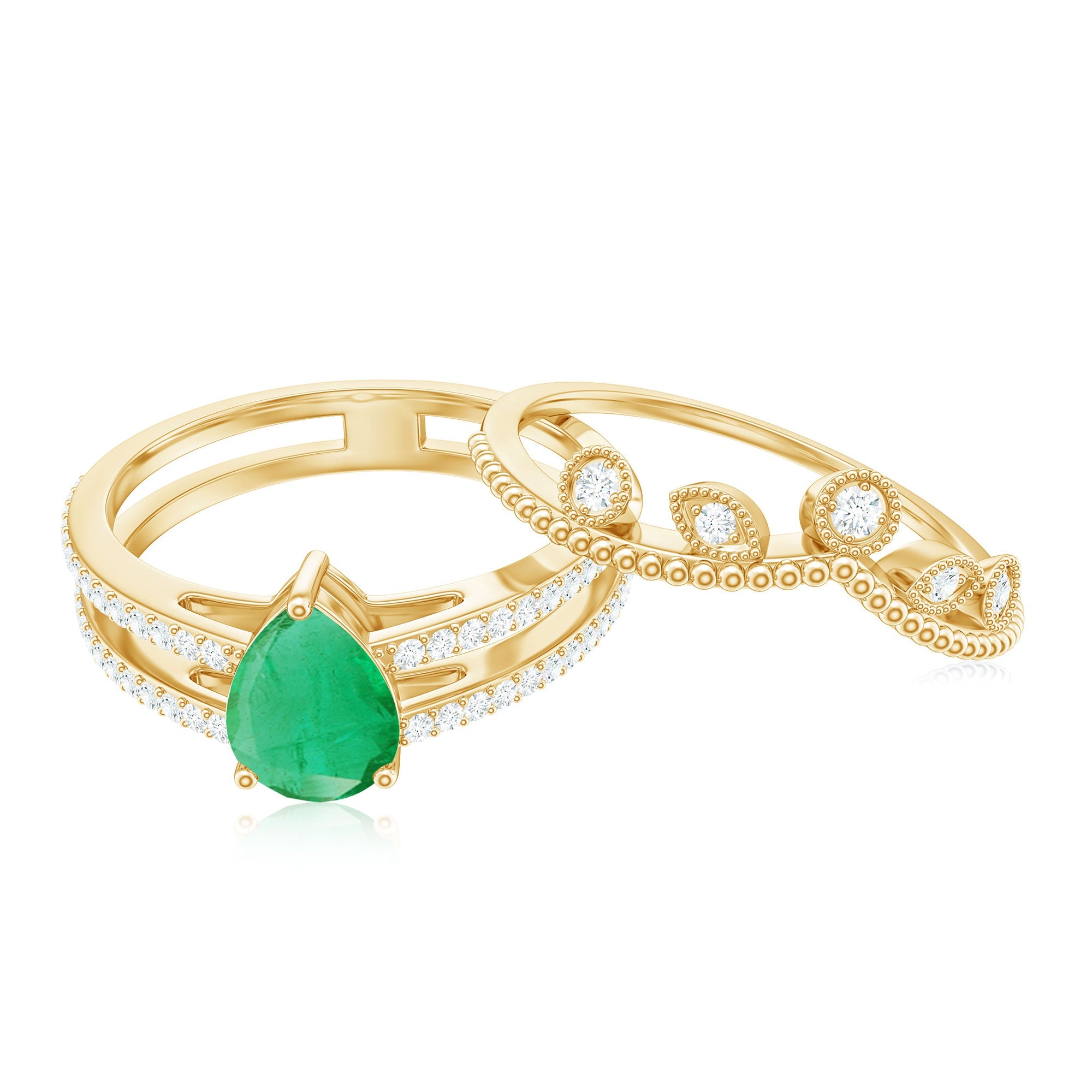 Vintage Style Emerald Diamond Wedding Bridal Ring Set