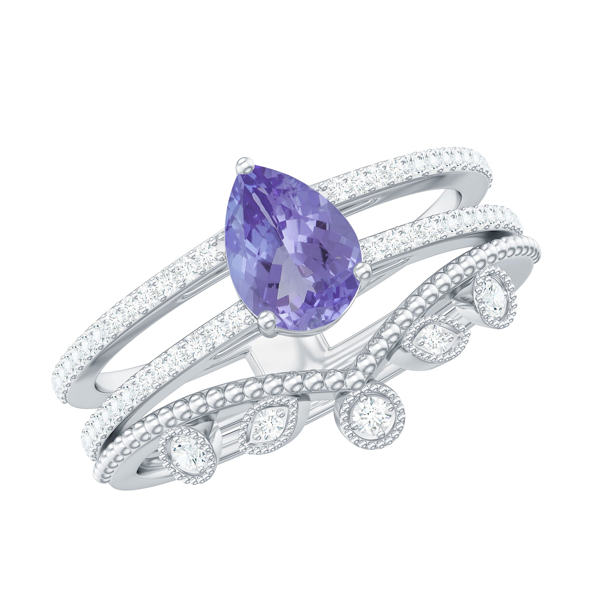 Real Tanzanite Diamond Double Band Engagement Ring with Curved Wedding Band