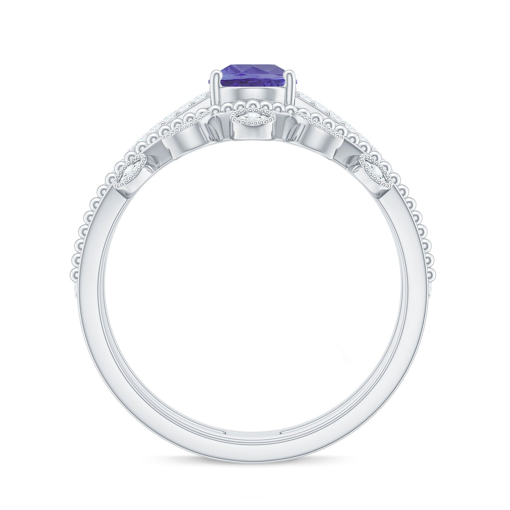 Real Tanzanite Diamond Double Band Engagement Ring with Curved Wedding Band