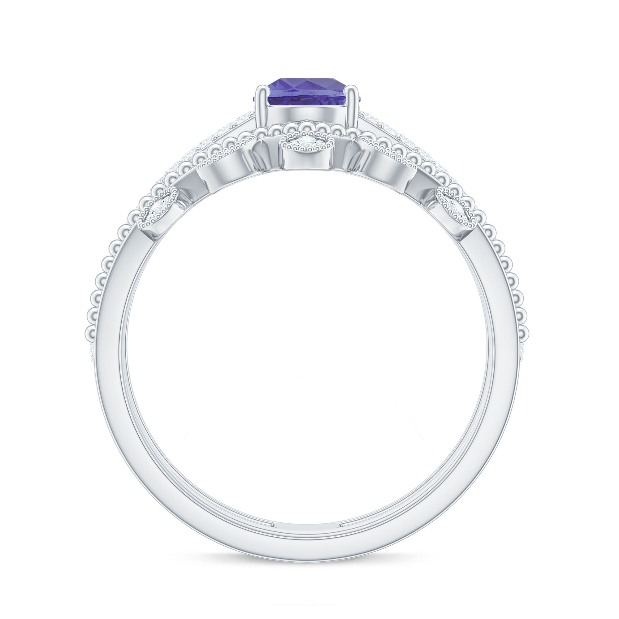 Real Tanzanite Diamond Double Band Engagement Ring with Curved Wedding Band