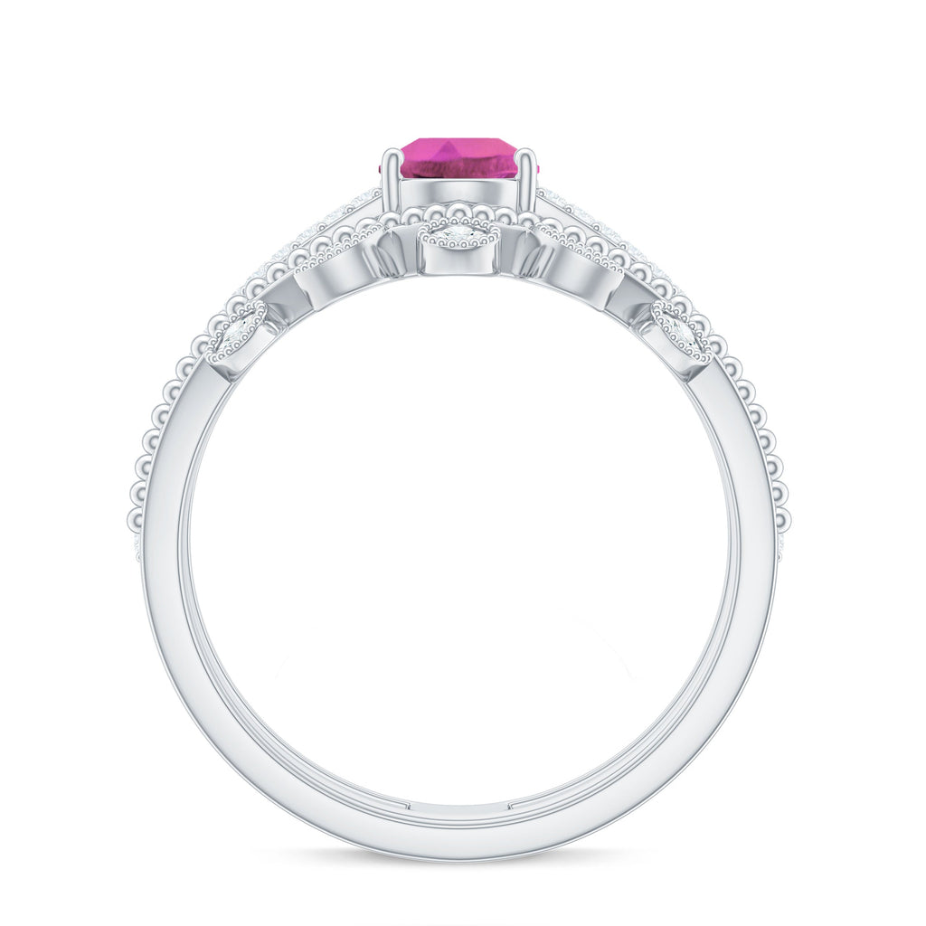 Pear Cut Real Pink tourmaline and Moissanite Wedding Ring Set