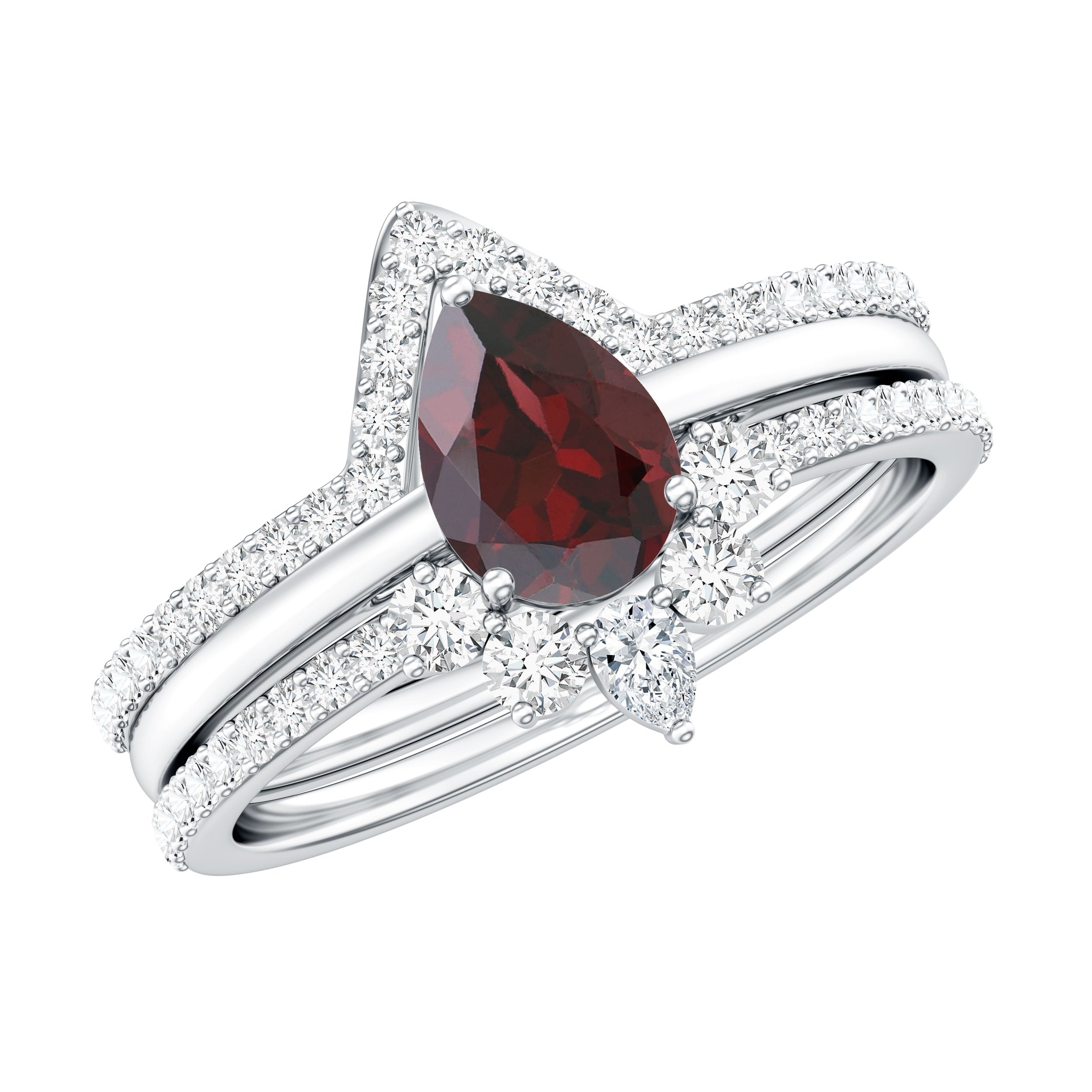 Natural 0.8 Carat Pear Shaped Garnet Diamond 3 Piece Bridal Ring Set