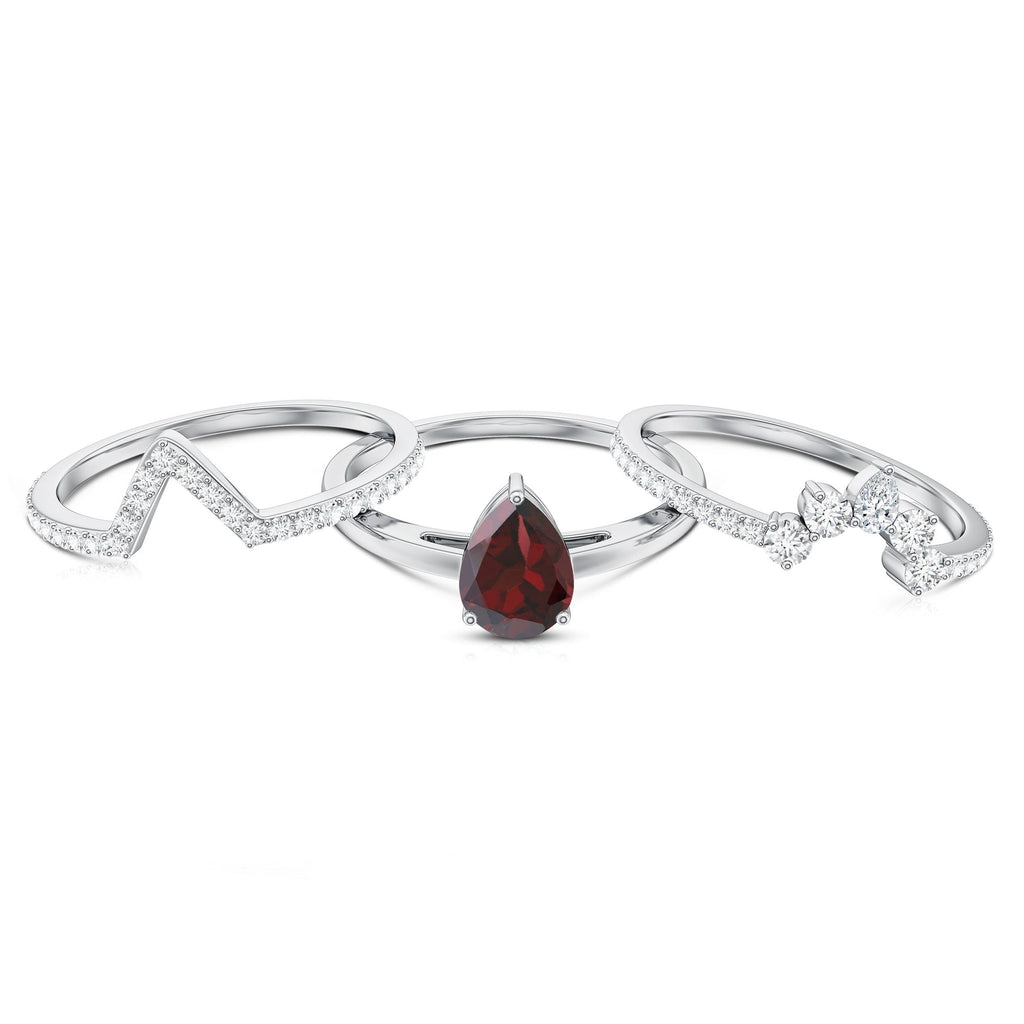 Natural 0.8 Carat Pear Shaped Garnet Diamond 3 Piece Bridal Ring Set