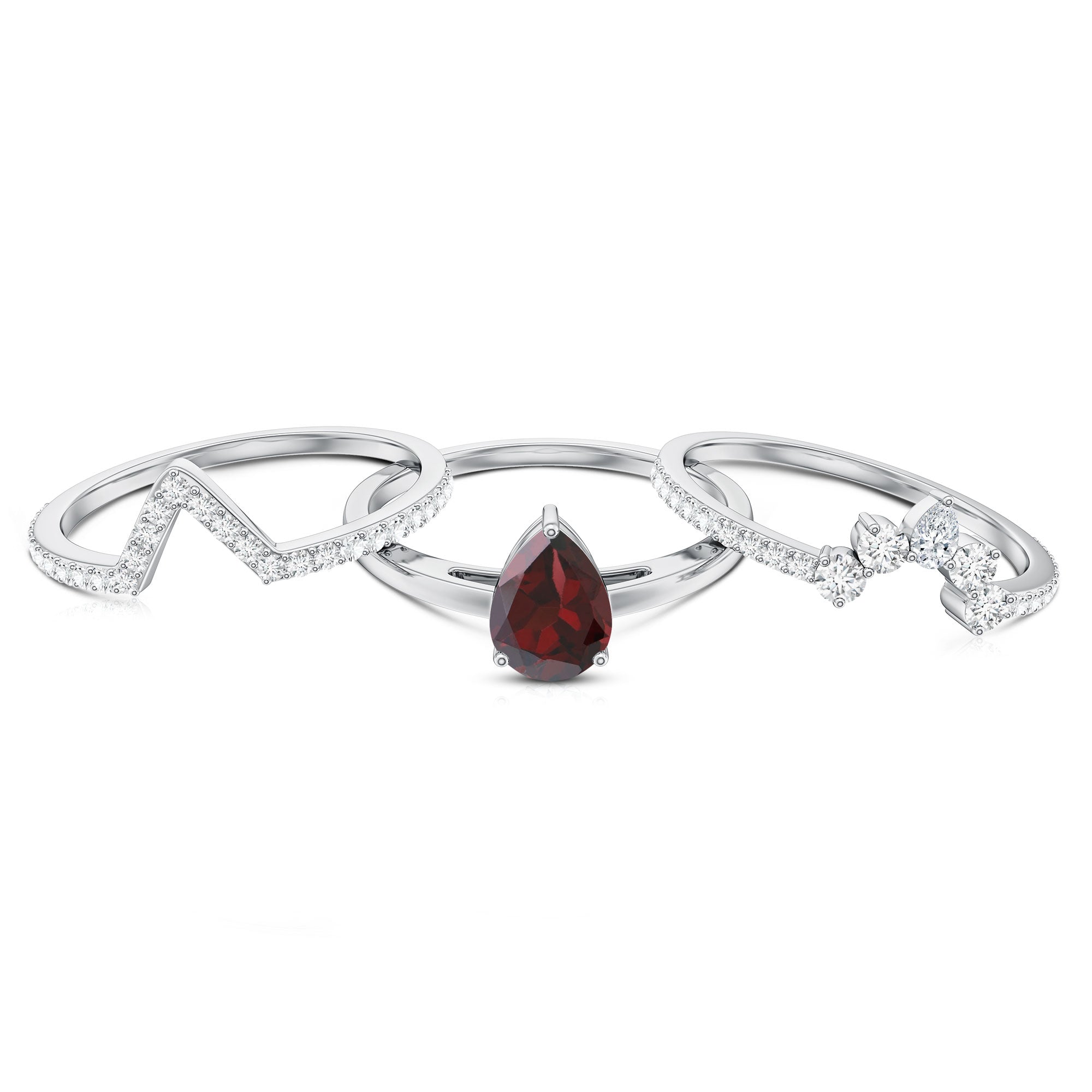 Natural 0.8 Carat Pear Shaped Garnet Diamond 3 Piece Bridal Ring Set