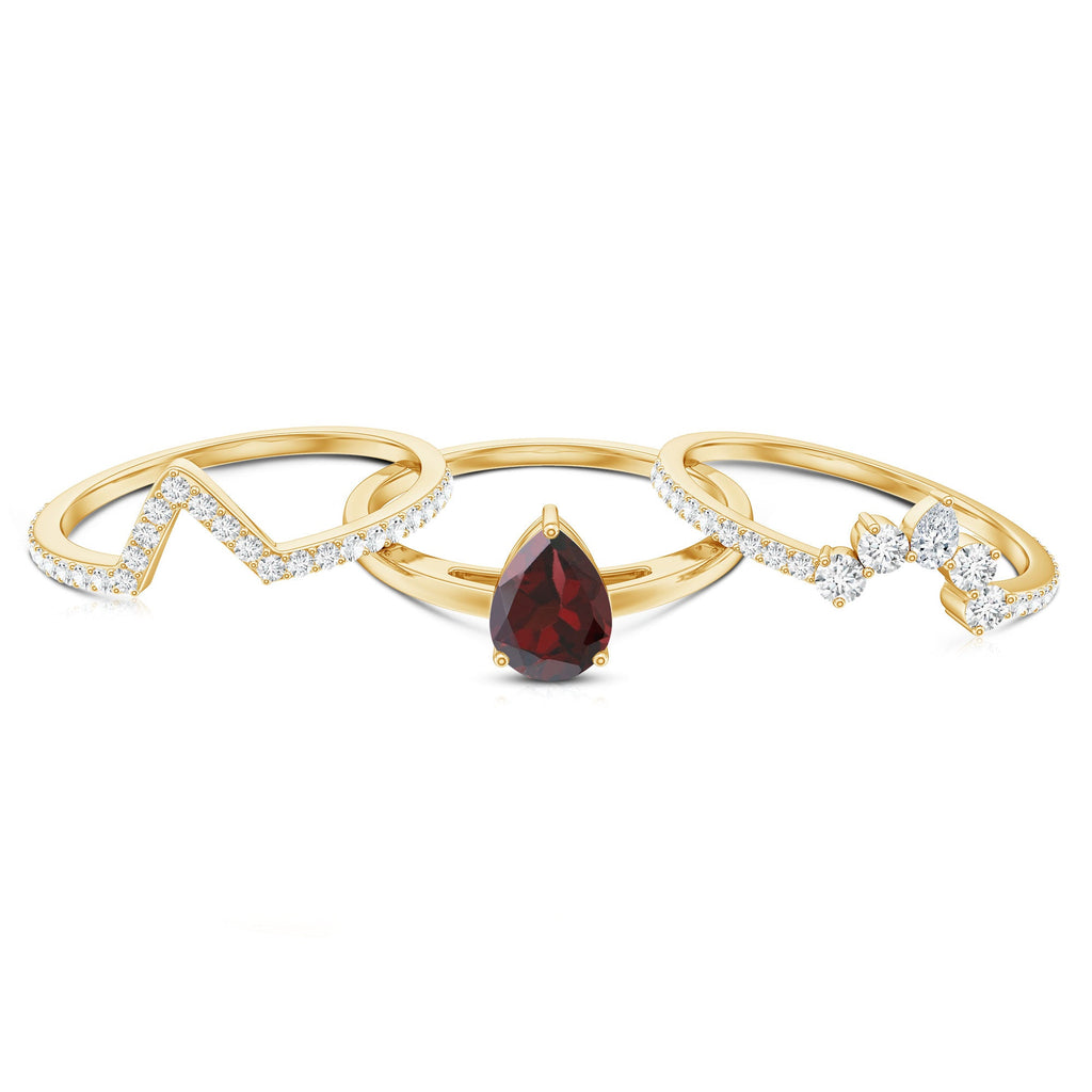 Natural 0.8 Carat Pear Shaped Garnet Diamond 3 Piece Bridal Ring Set