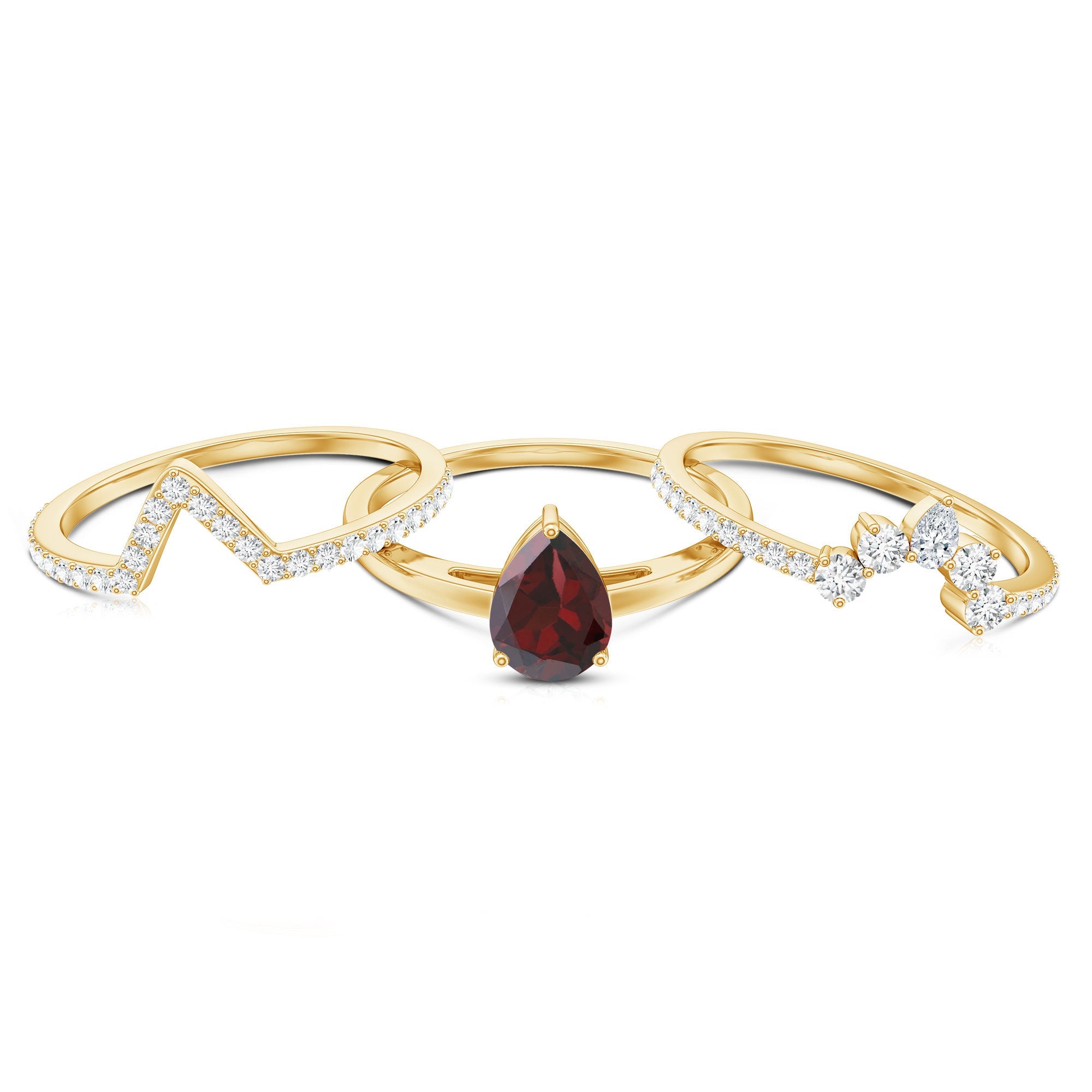 Natural 0.8 Carat Pear Shaped Garnet Diamond 3 Piece Bridal Ring Set