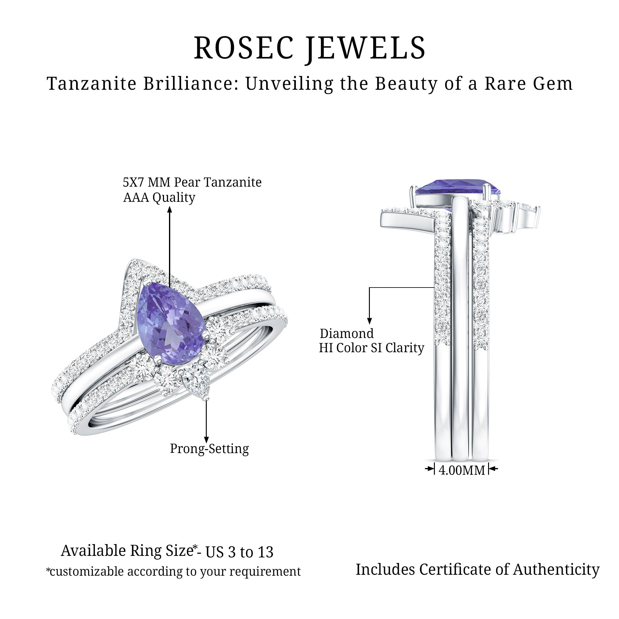 0.8 Carat Natural Tanzanite Diamond 3 Piece Wedding Ring Set