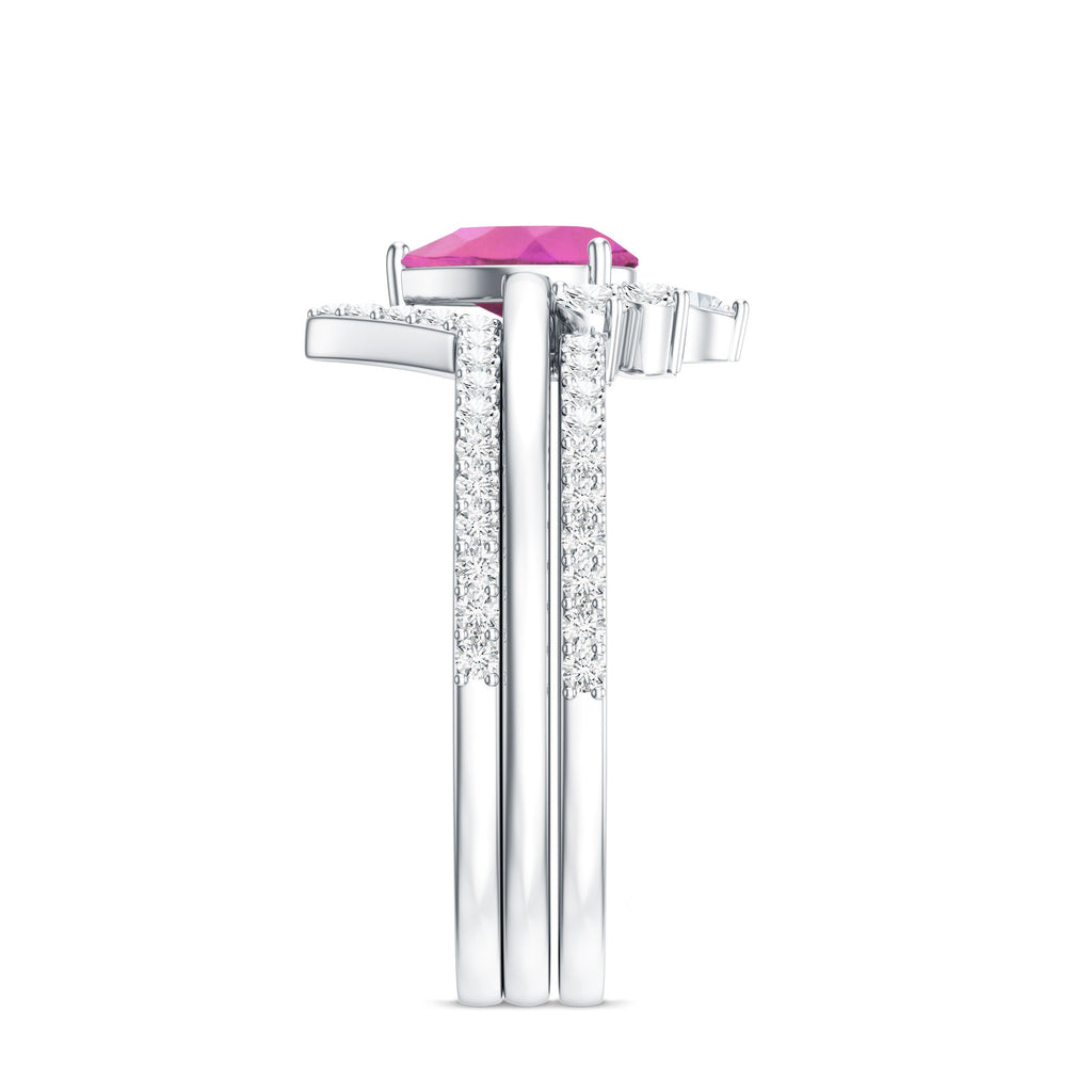 Pear Cut Pink Tourmaline Trio Wedding Ring Set with Moissanite