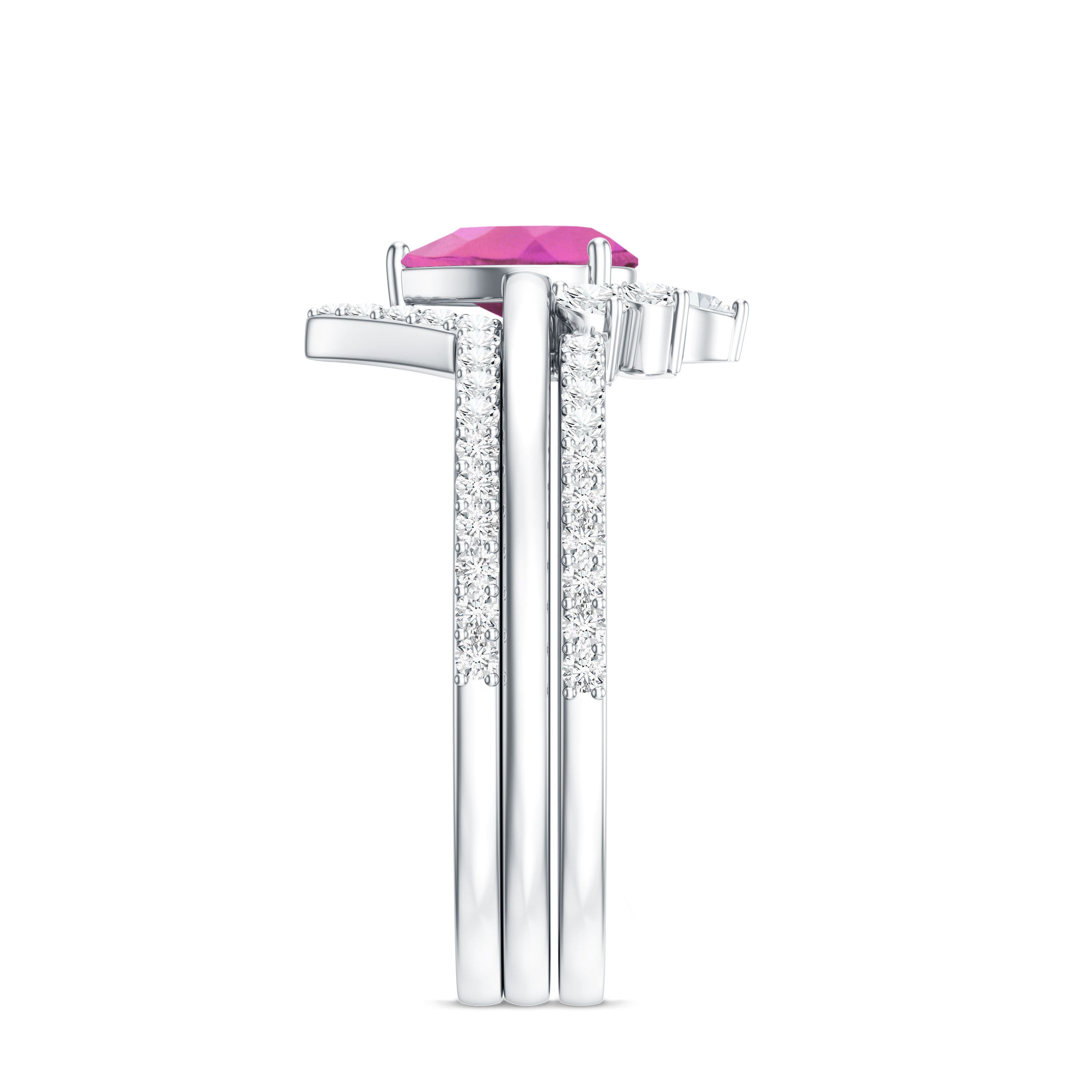 Pear Cut Pink Tourmaline Trio Wedding Ring Set with Moissanite