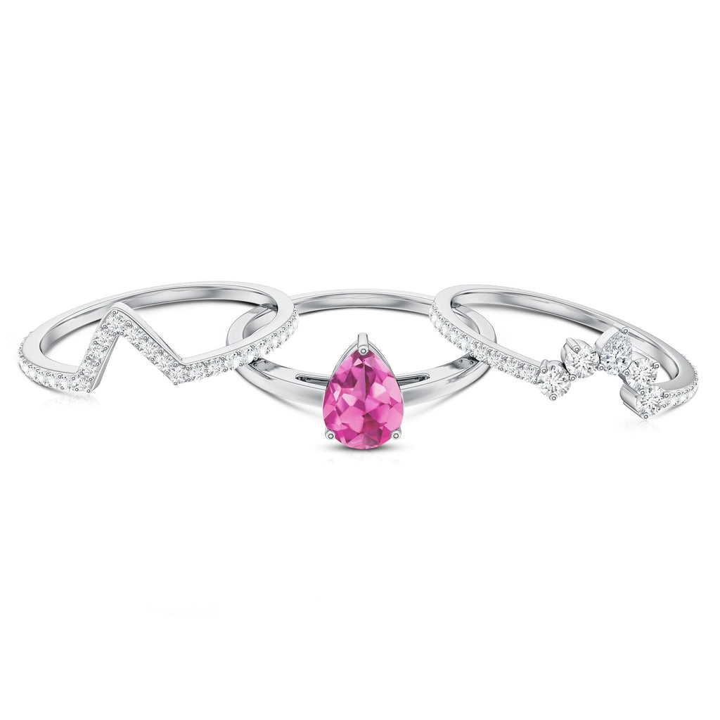 Pear Cut Pink Tourmaline Trio Wedding Ring Set with Moissanite