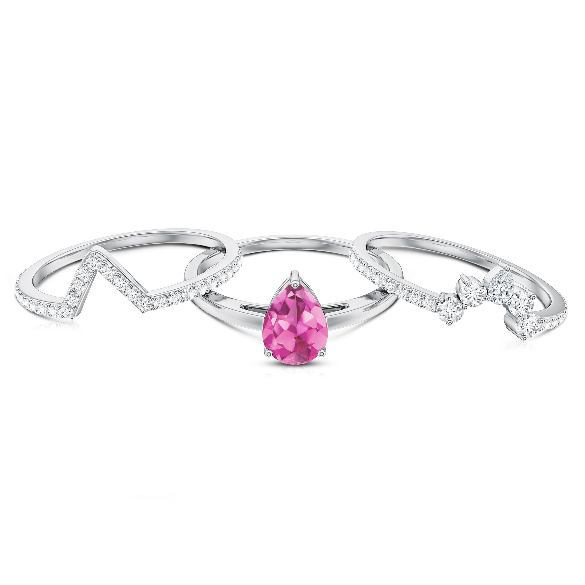 Pear Cut Pink Tourmaline Trio Wedding Ring Set with Moissanite