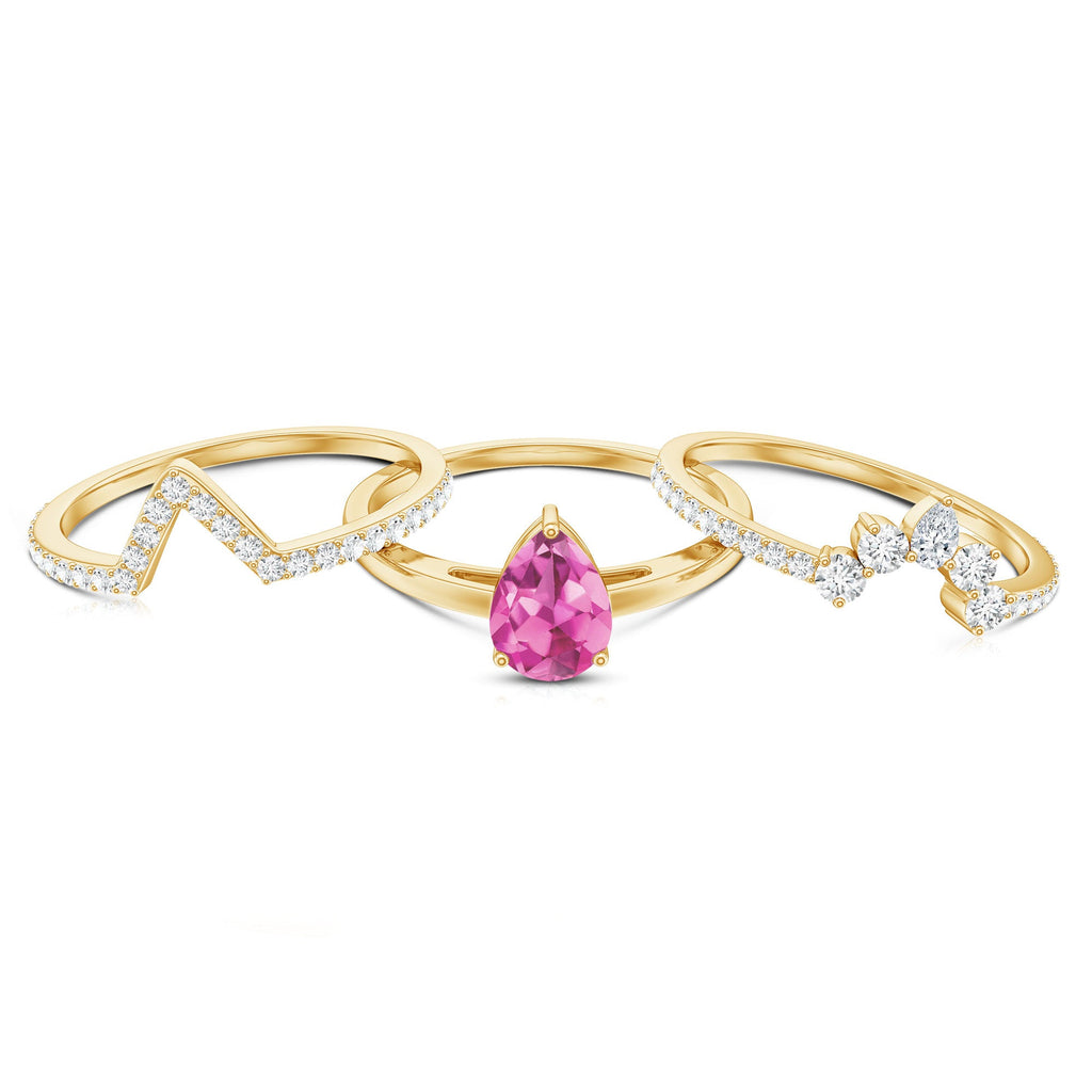 Pear Cut Pink Tourmaline Trio Wedding Ring Set with Moissanite