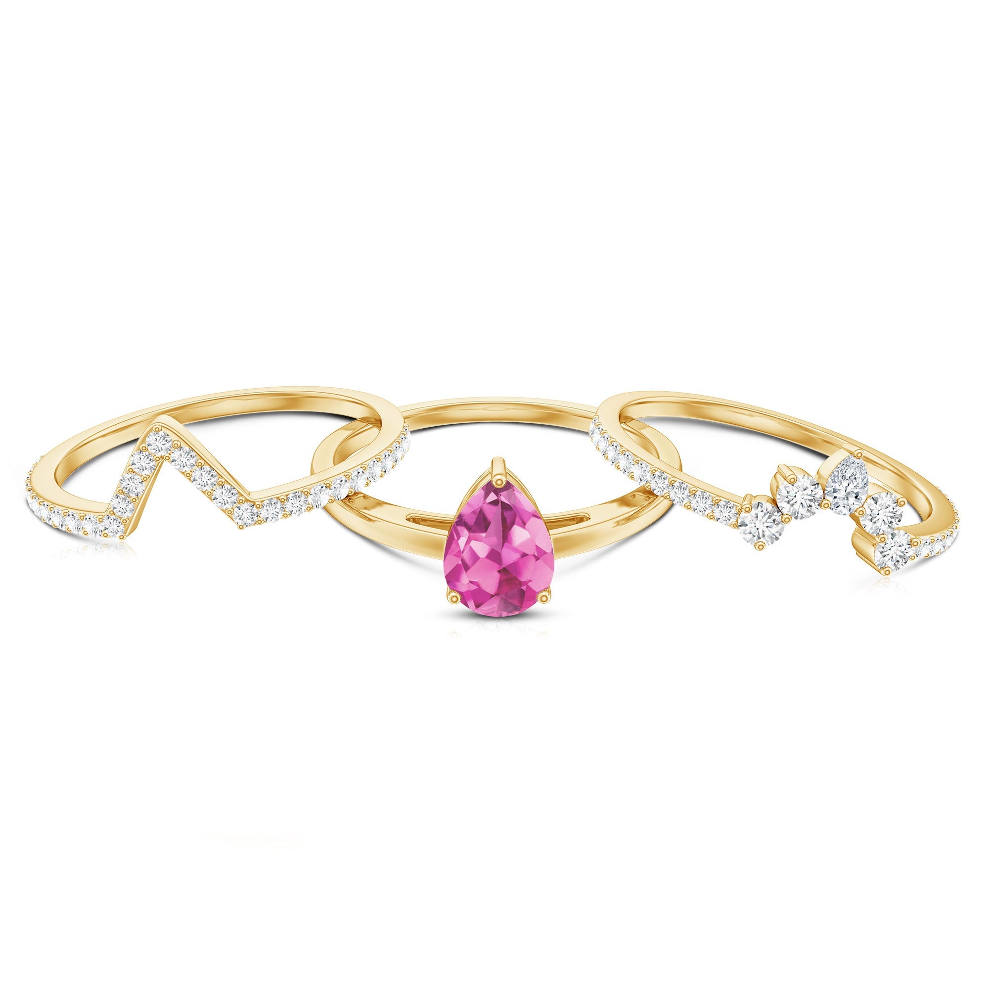Pear Cut Pink Tourmaline Trio Wedding Ring Set with Moissanite
