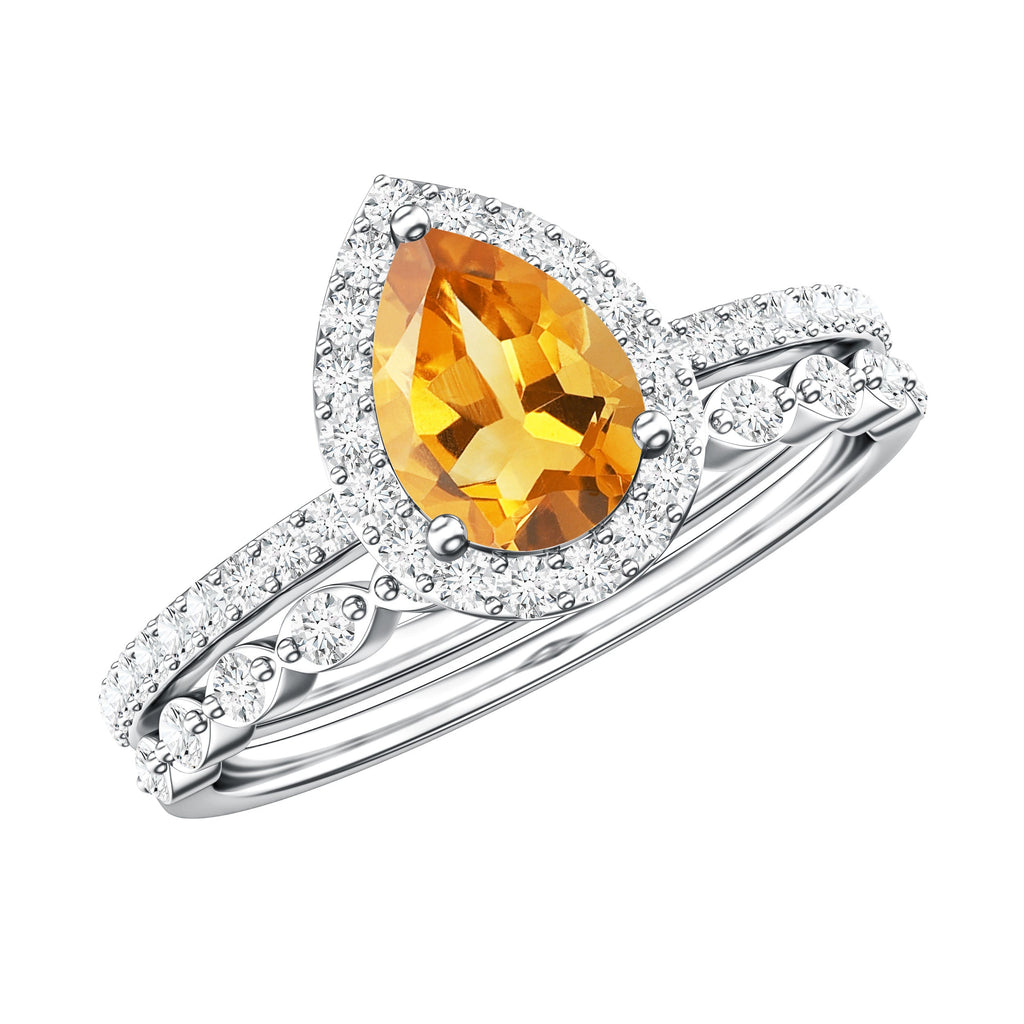 Real 0.6 Carat Citrine Teardrop Bridal Ring Set with Diamond