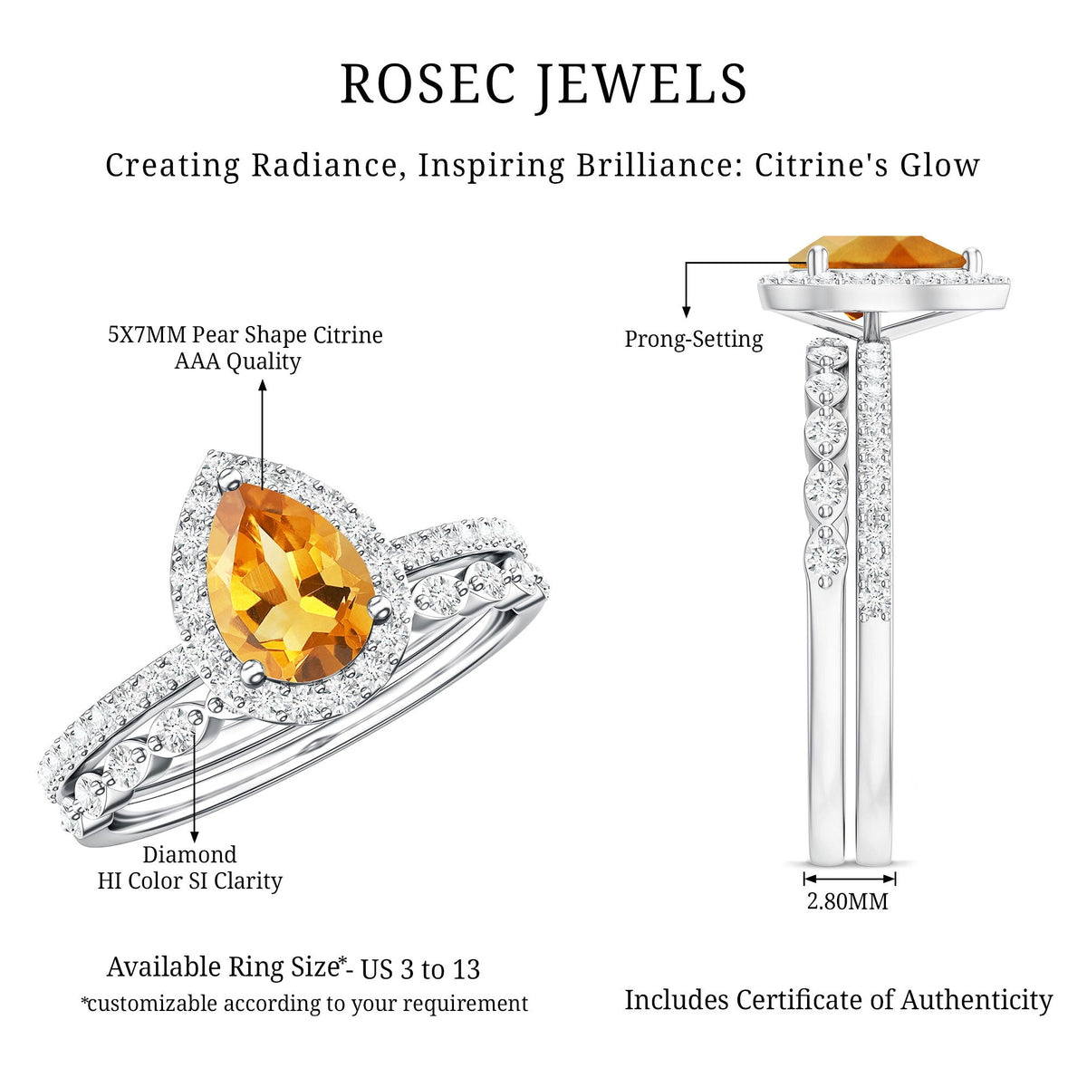 Real 0.6 Carat Citrine Teardrop Bridal Ring Set with Diamond